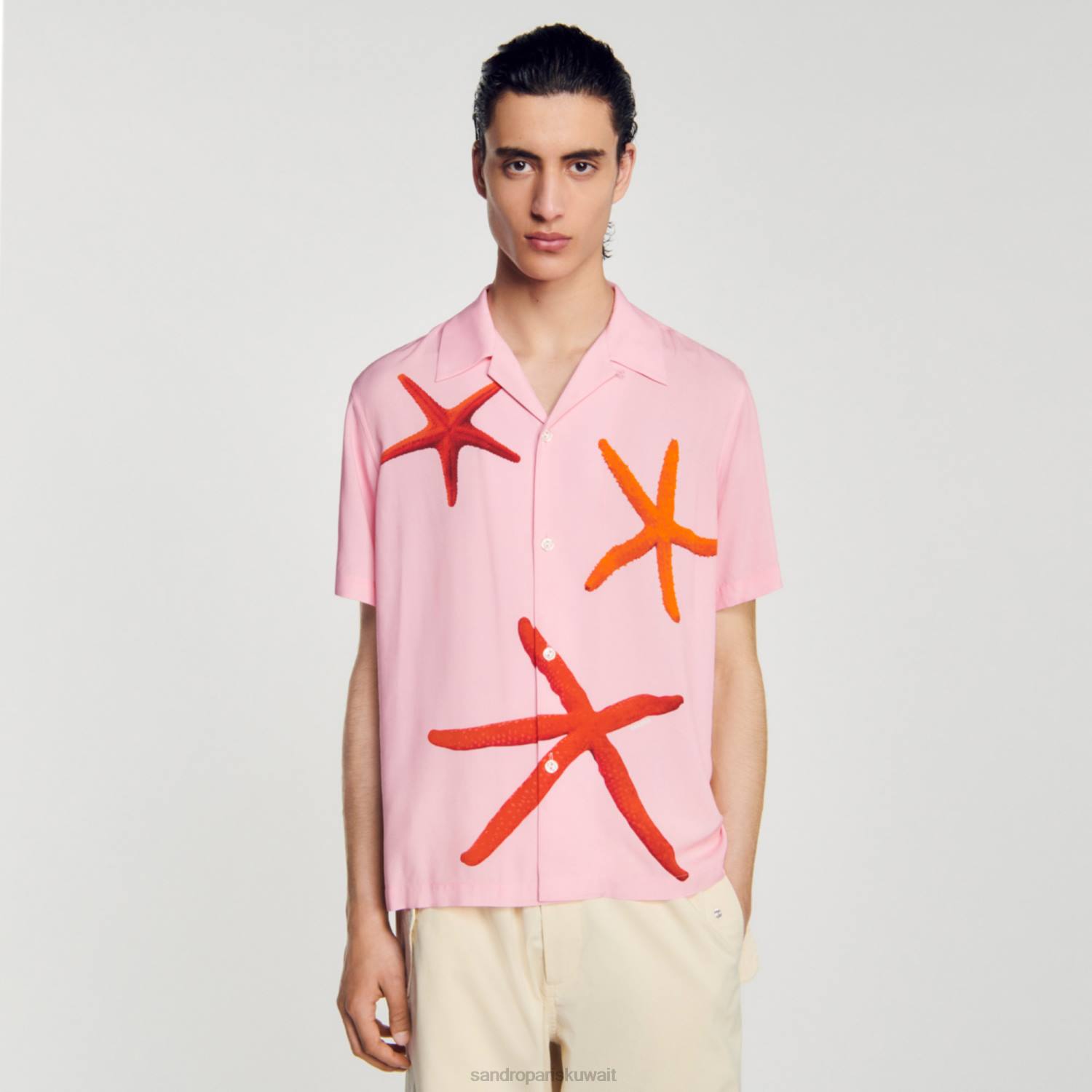 ثياب Sandro Paris قميص مطبوع عليه نجم البحر لون القرنفل رجال ZJ00679