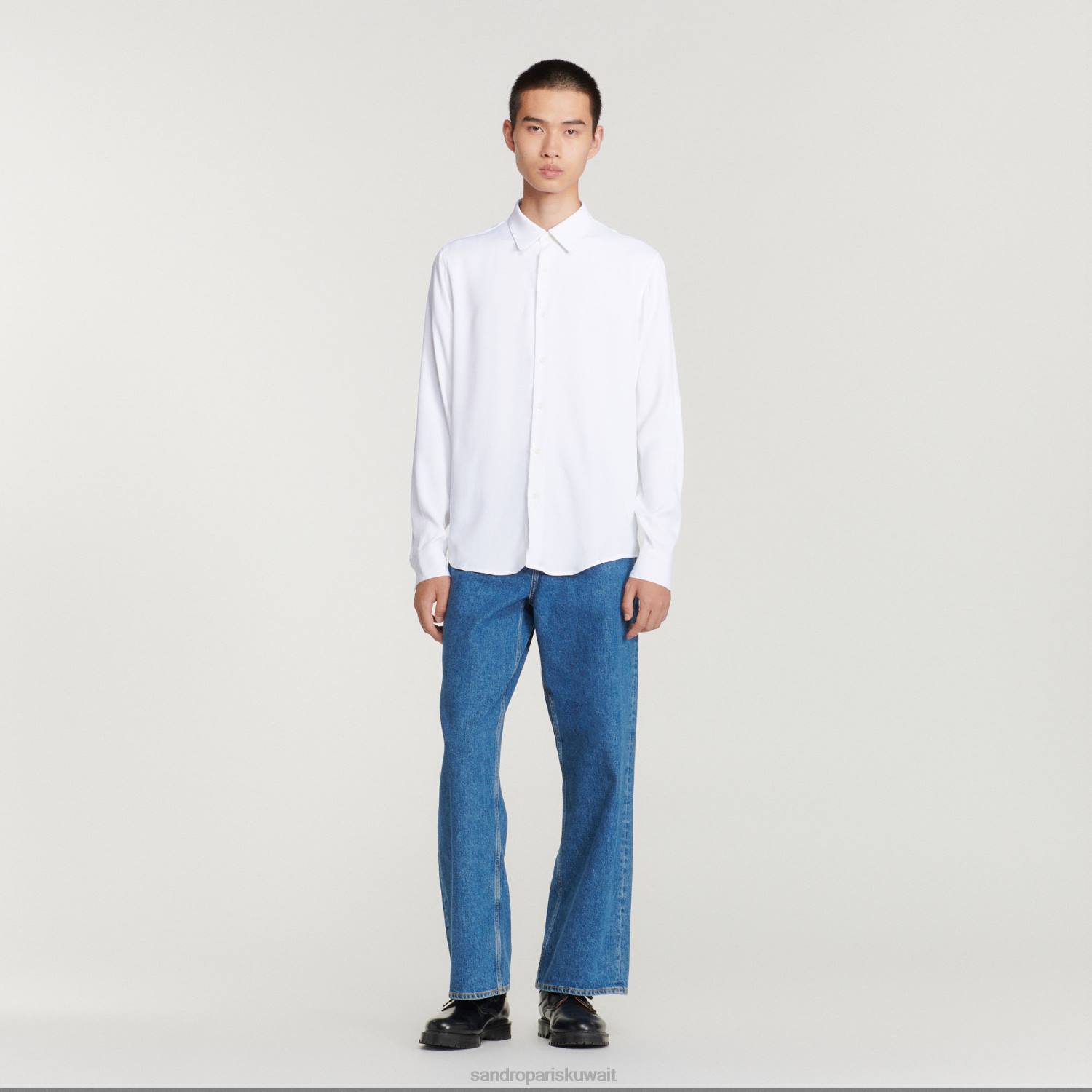 ثياب Sandro Paris قميص متدفق بأكمام طويلة أبيض رجال ZJ00681