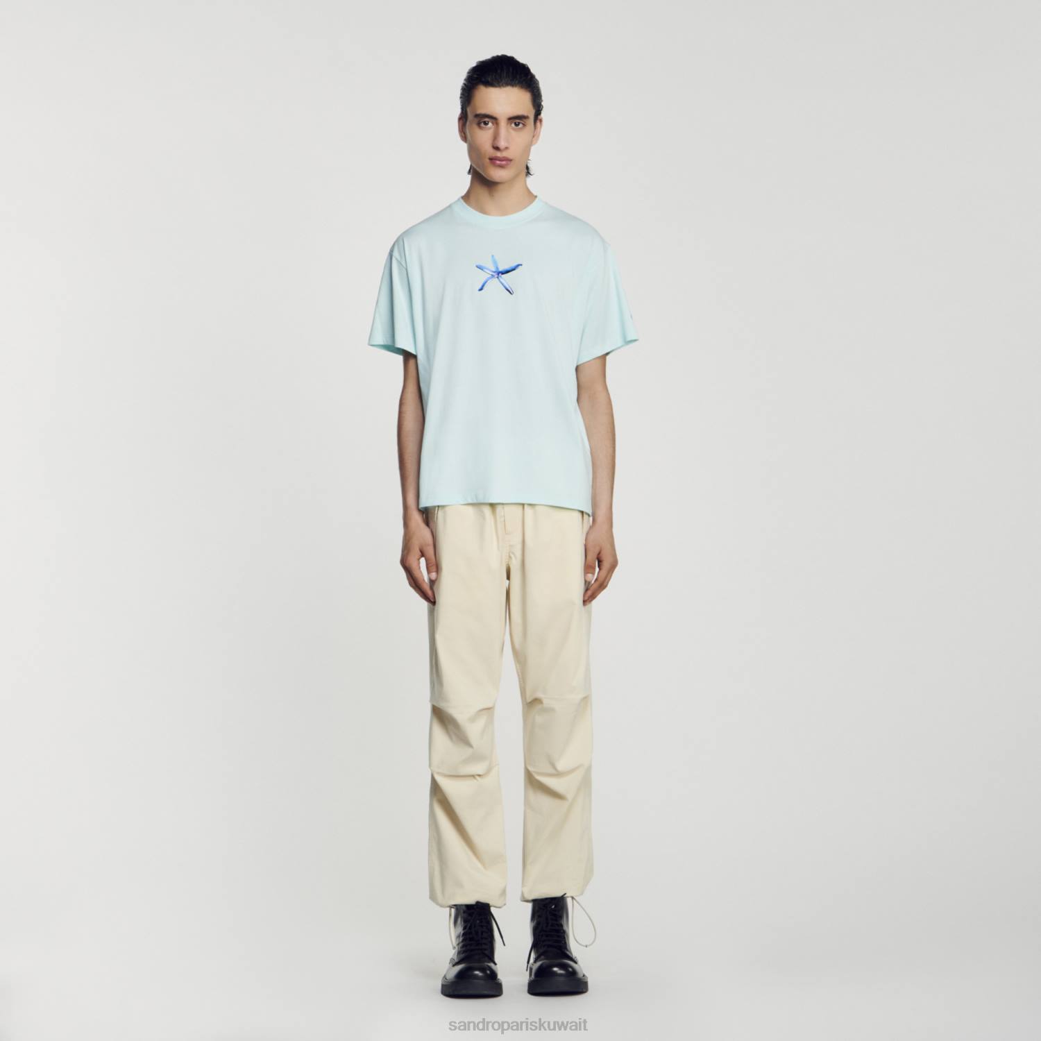 ثياب Sandro Paris تي شيرت نجم البحر النعناع الأزرق رجال ZJ00685