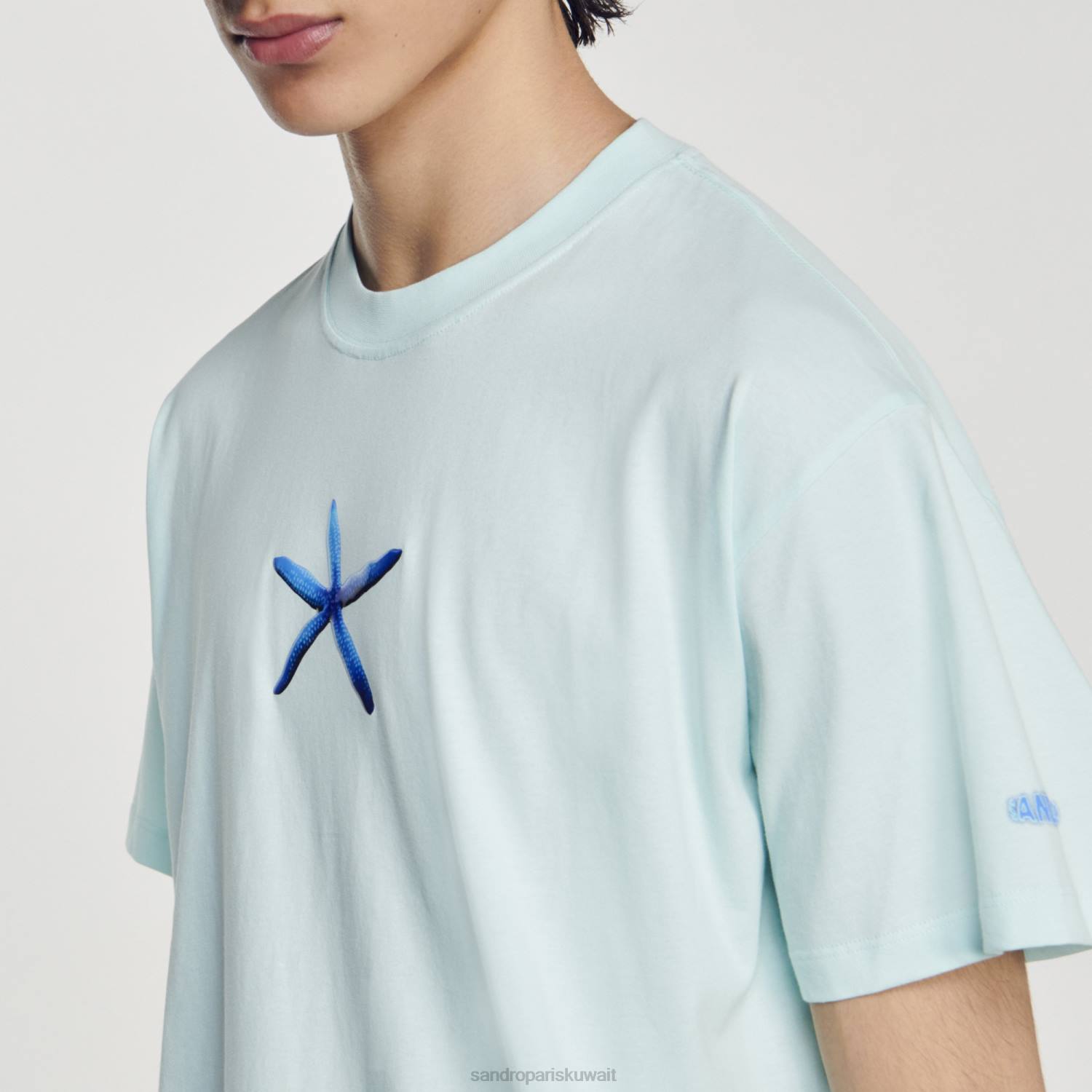 ثياب Sandro Paris تي شيرت نجم البحر النعناع الأزرق رجال ZJ00685