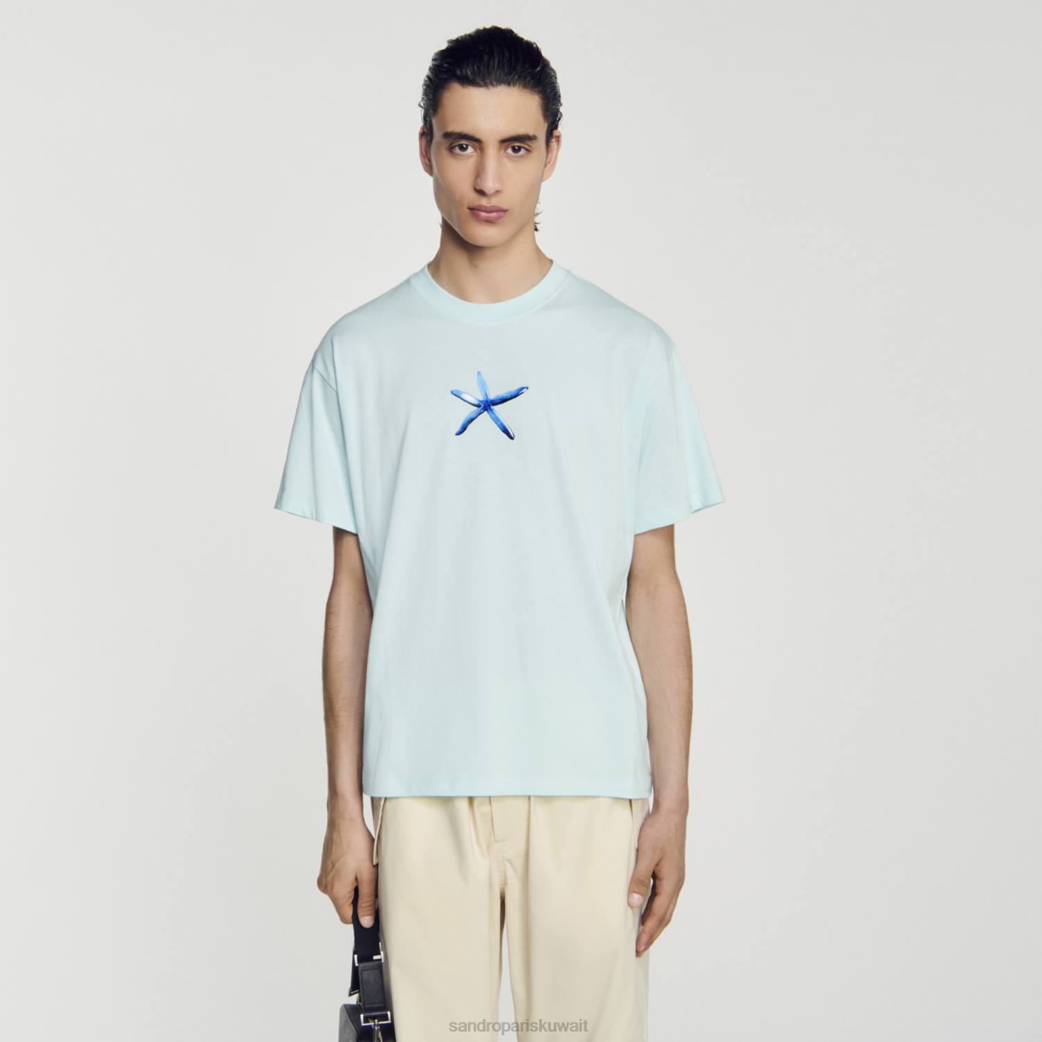 ثياب Sandro Paris تي شيرت نجم البحر النعناع الأزرق رجال ZJ00685