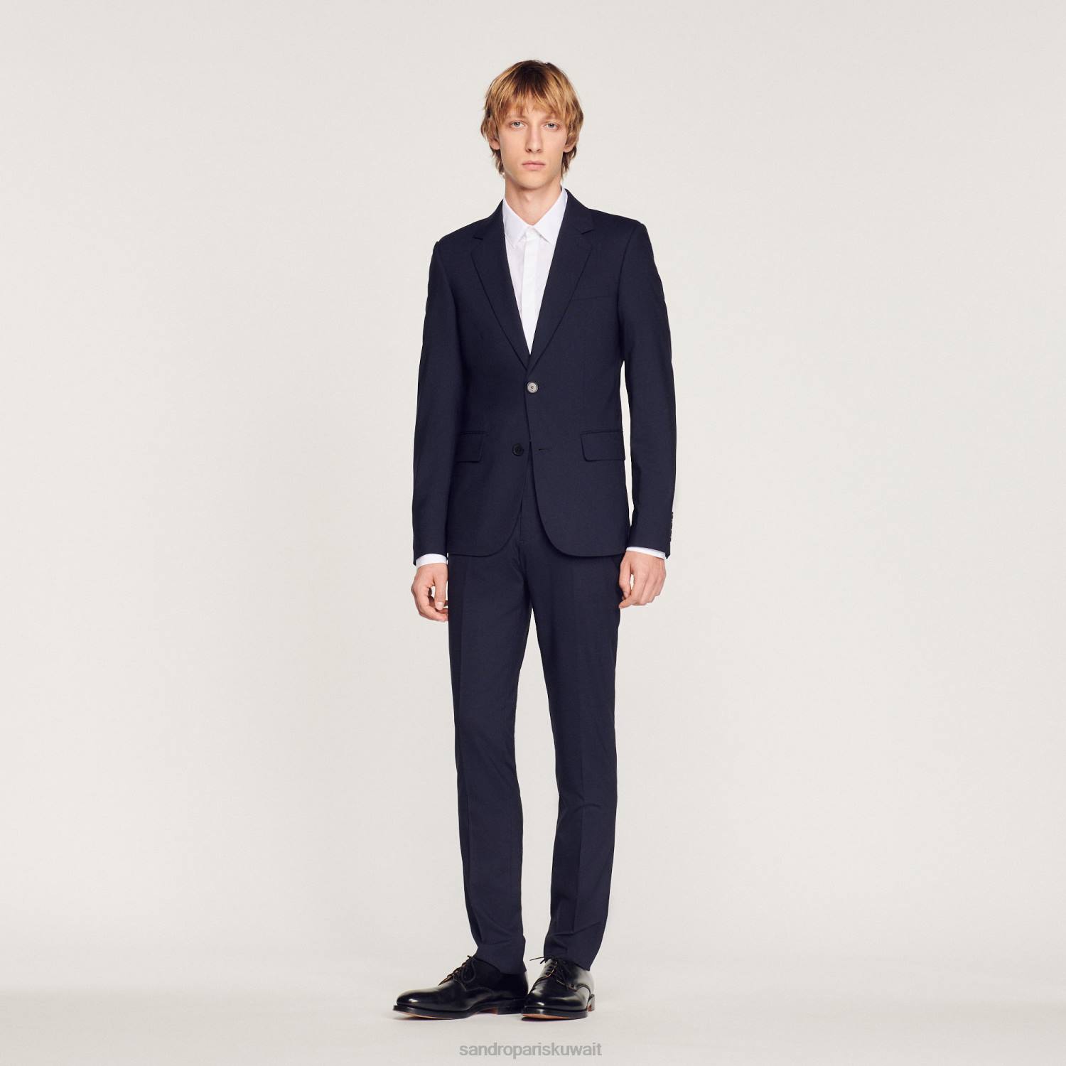 ثياب Sandro Paris سترة بدلة من الصوف المطاطي الأزرق الداكن رجال ZJ00689