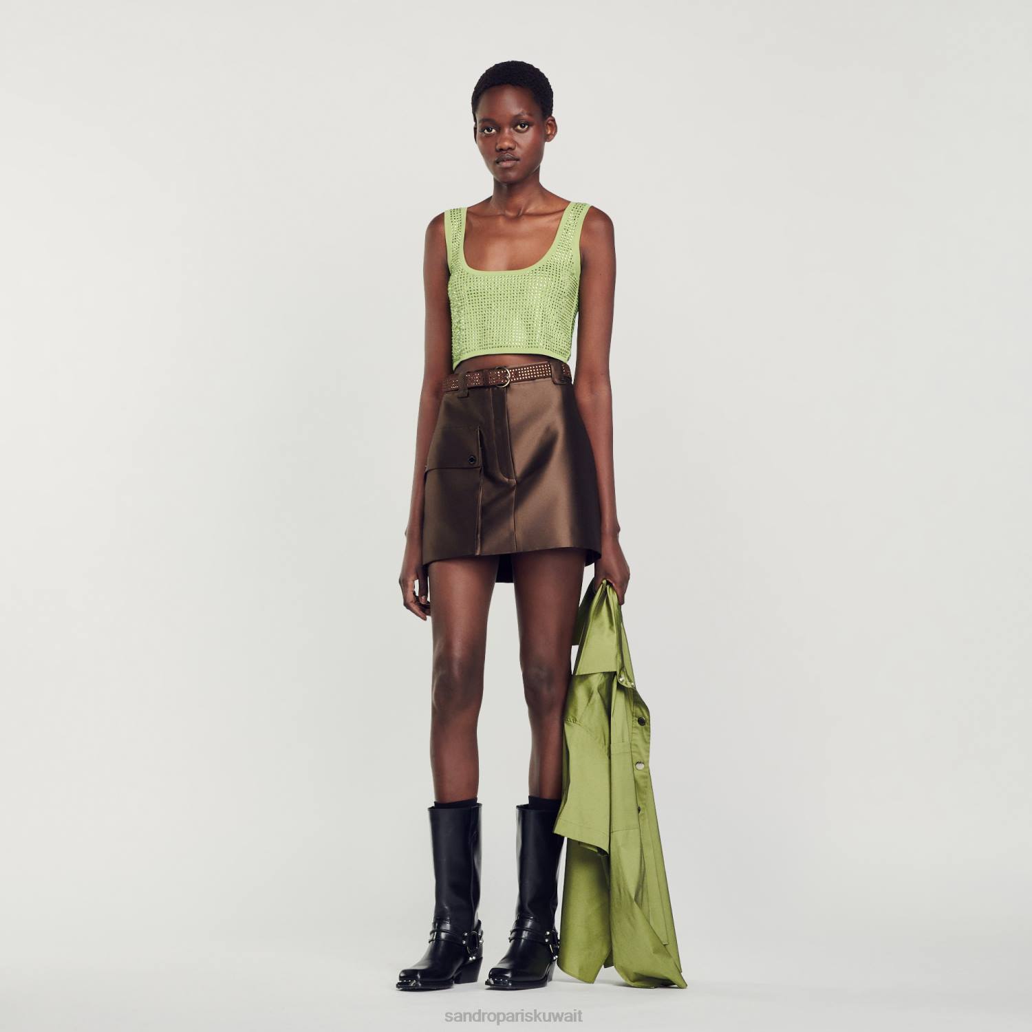 ثياب Sandro Paris جزء علوي من حجر الراين كاكي خفيف نحيف ZJ0069