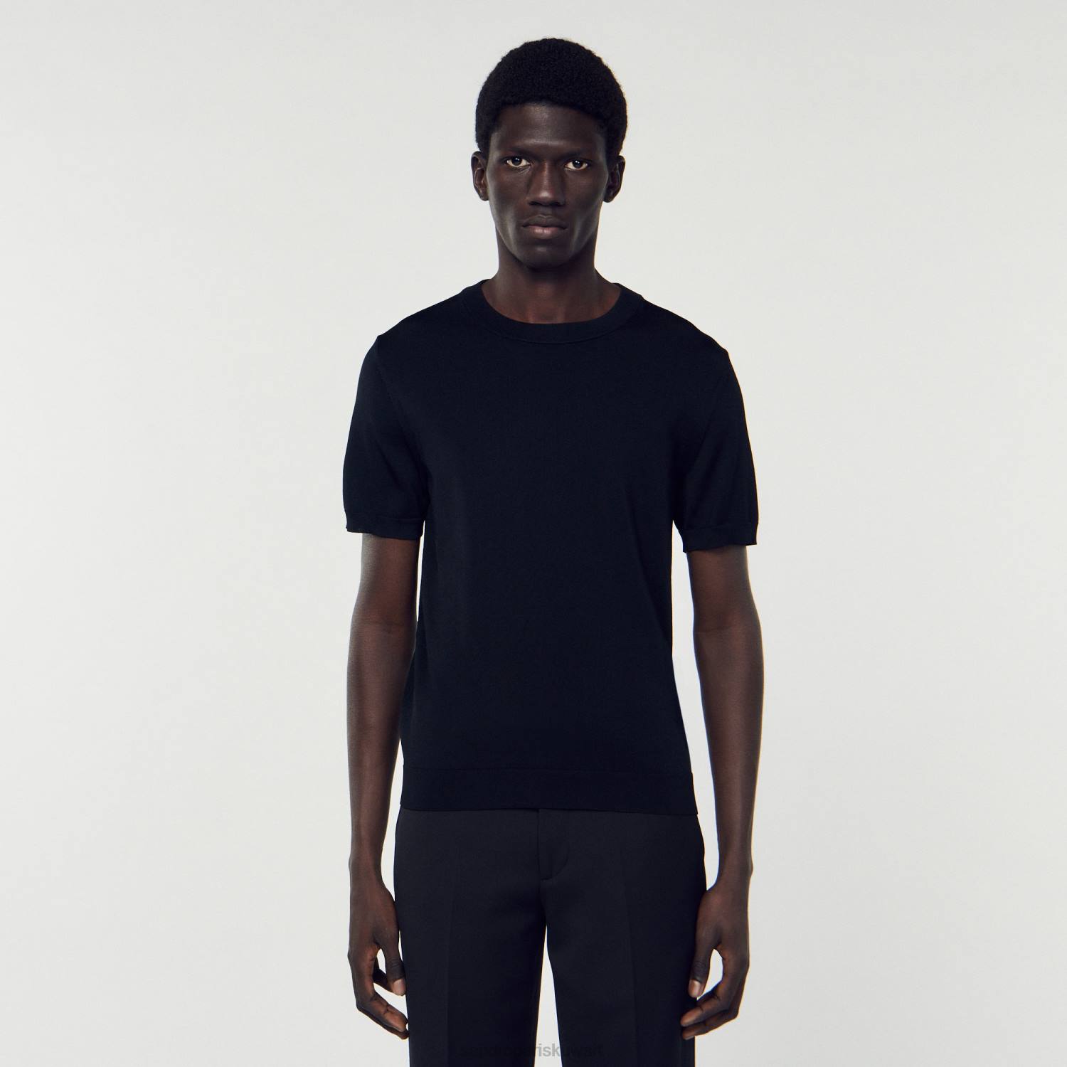 ثياب Sandro Paris تي شيرت محبوك أسود رجال ZJ00698