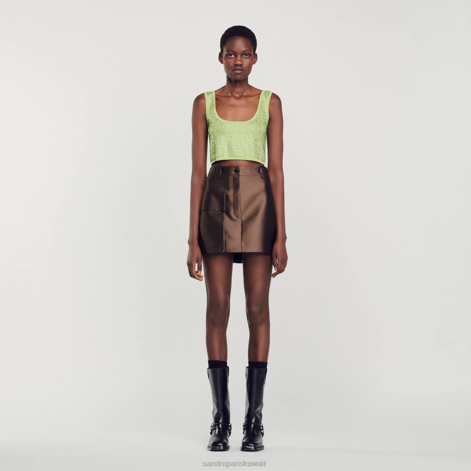 ثياب Sandro Paris جزء علوي من حجر الراين كاكي خفيف نحيف ZJ0069