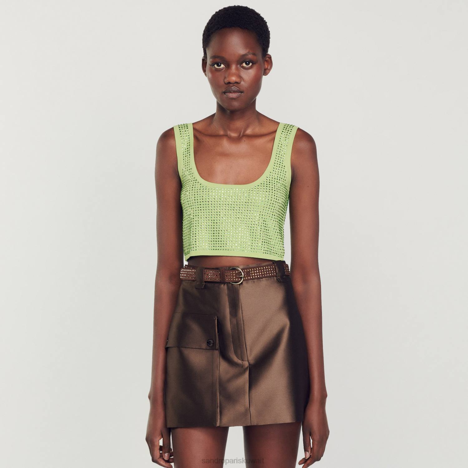 ثياب Sandro Paris جزء علوي من حجر الراين كاكي خفيف نحيف ZJ0069