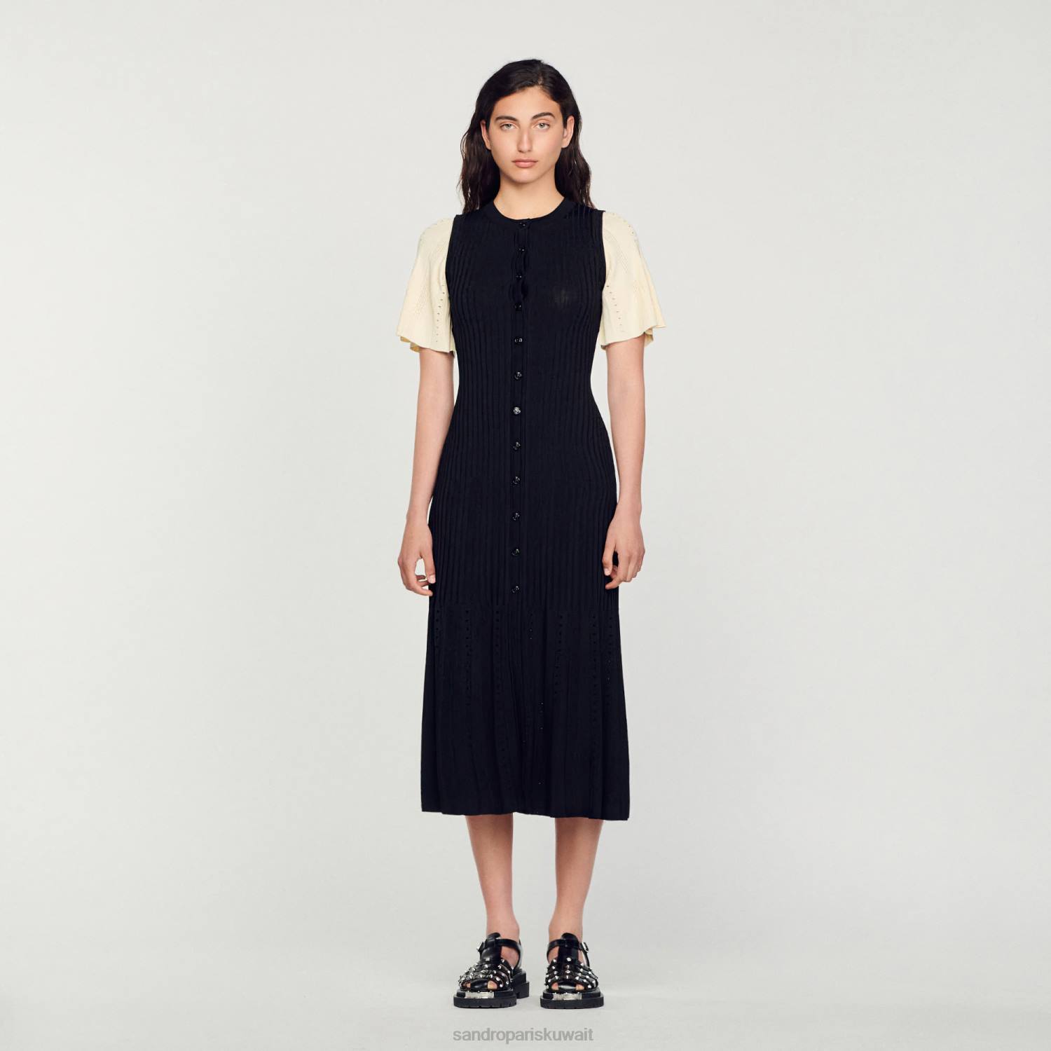 ثياب Sandro Paris فستان ميدي متماسكة بلونين أسود نحيف ZJ006