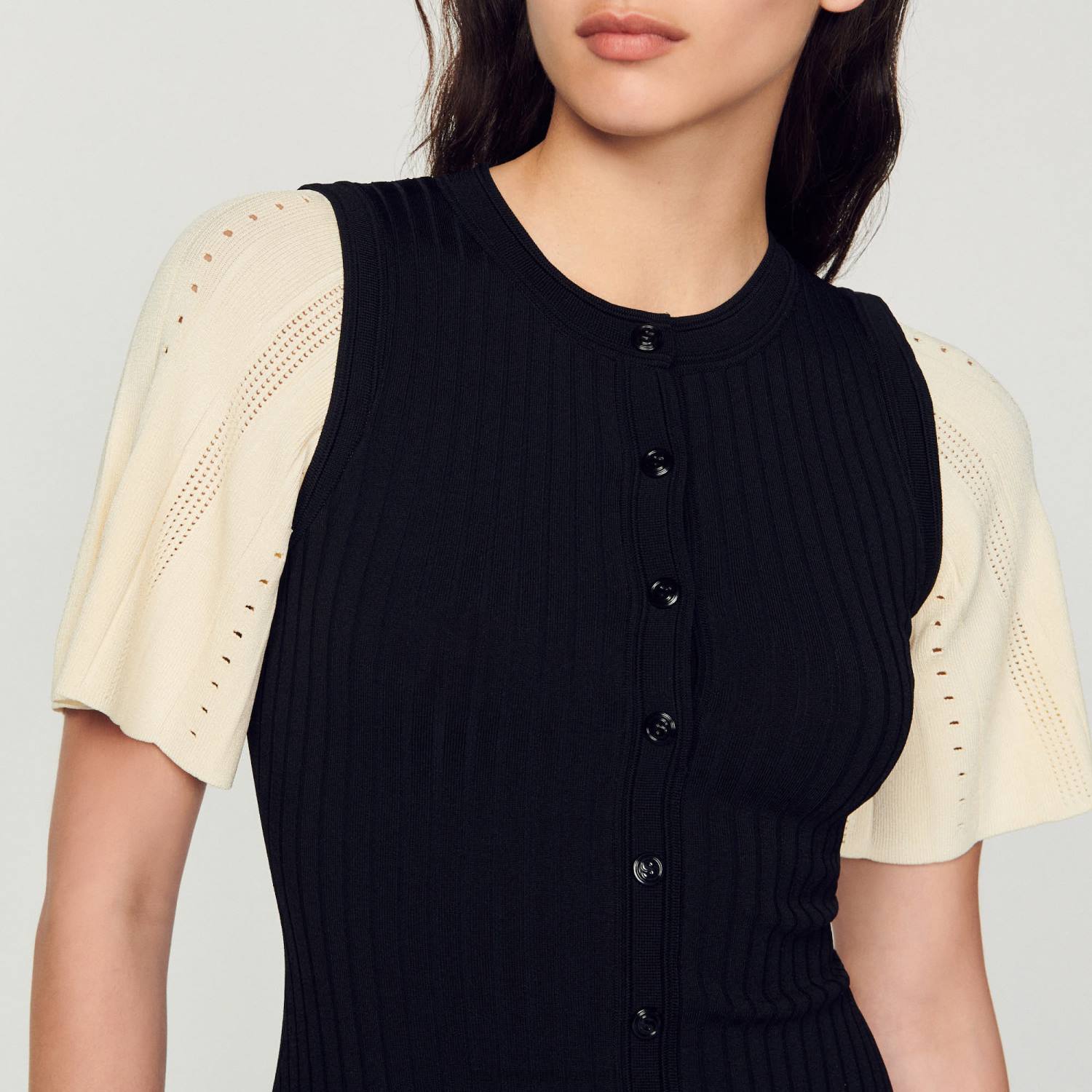 ثياب Sandro Paris فستان ميدي متماسكة بلونين أسود نحيف ZJ006