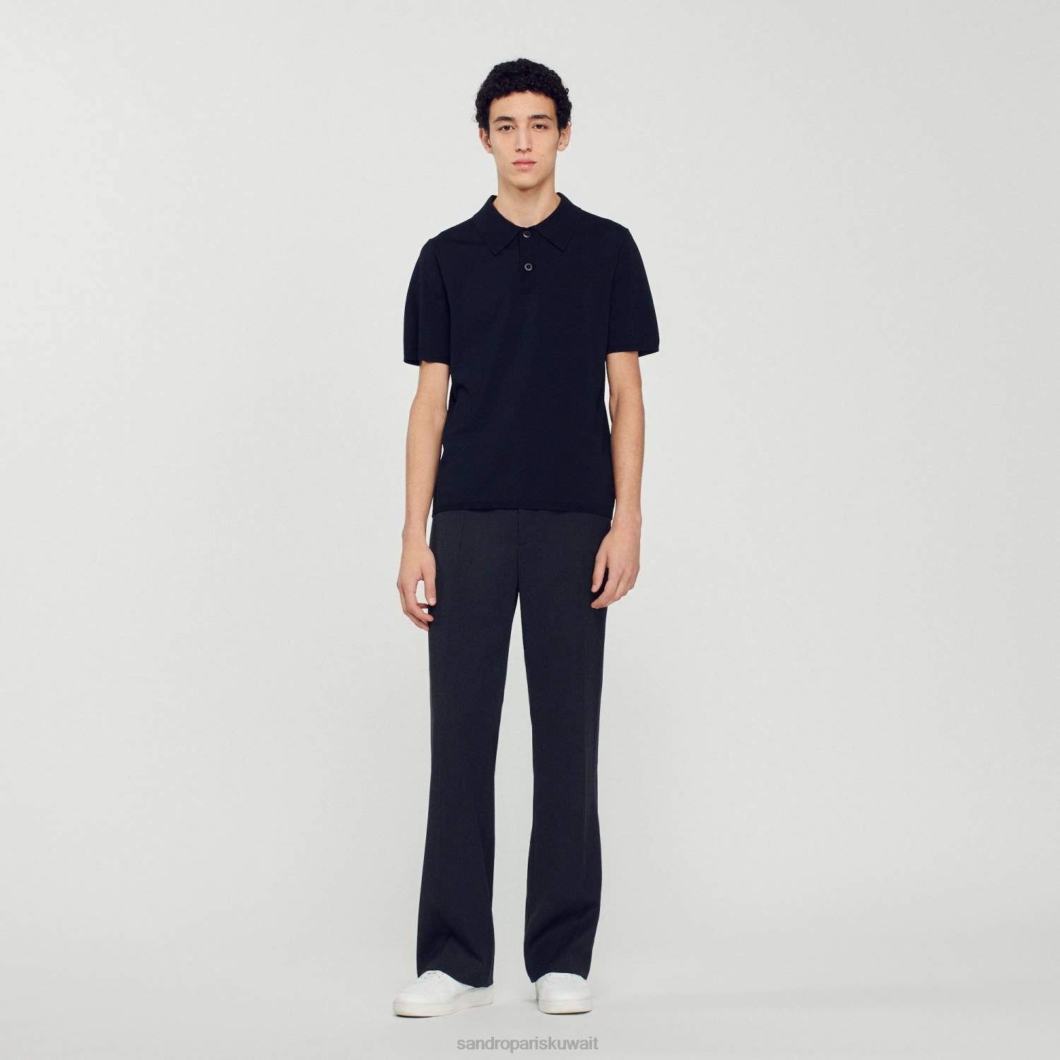 ثياب Sandro Paris قميص بولو محبوك بأكمام قصيرة أسود رجال ZJ00700