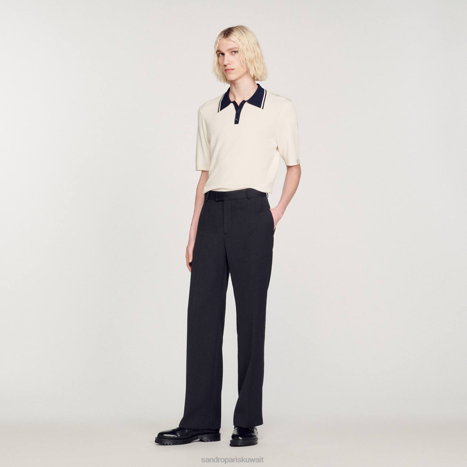 ثياب Sandro Paris قميص بولو بياقة متباينة بيج فاتح رجال ZJ00702