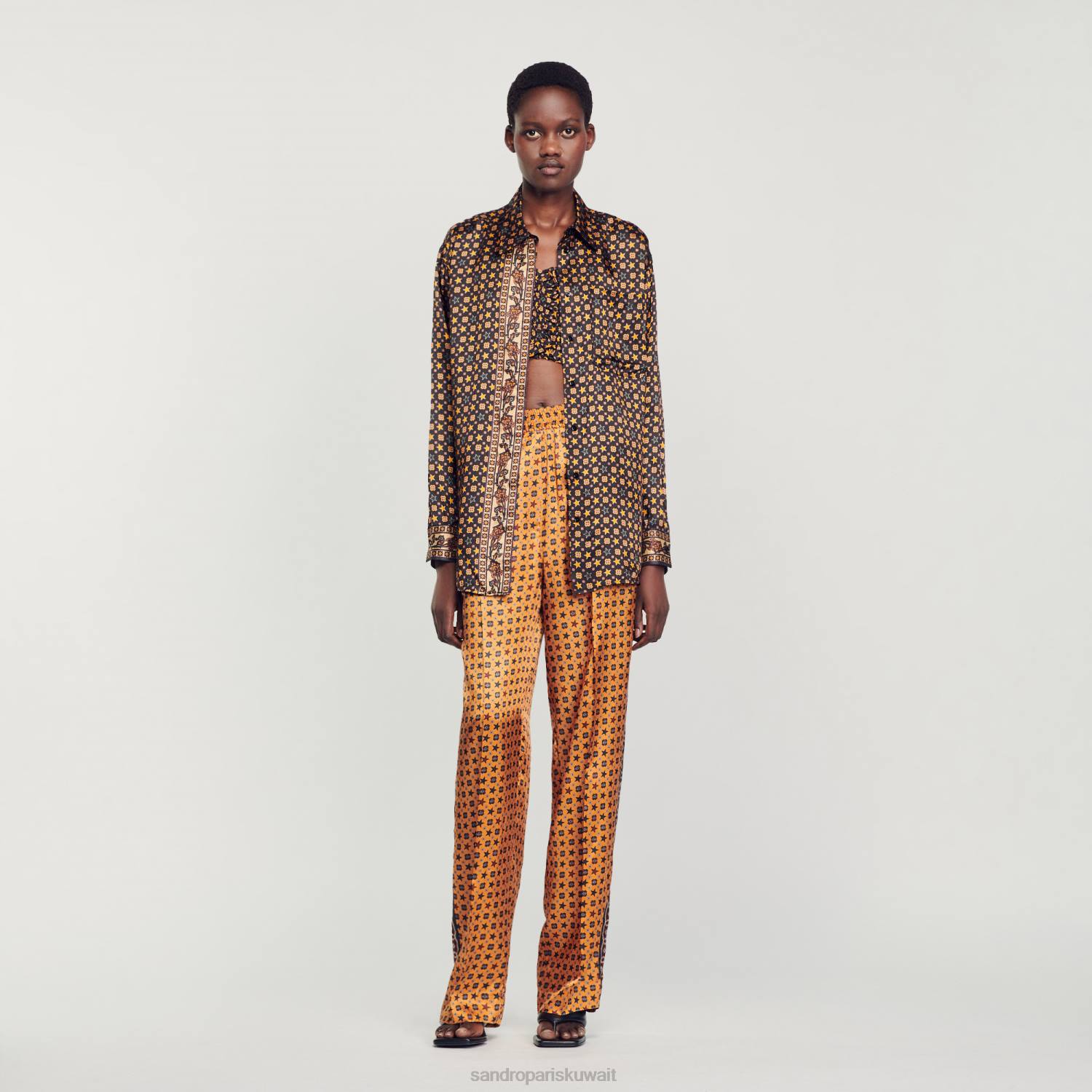 ثياب Sandro Paris قميص مطبوع أسود نحيف ZJ0071