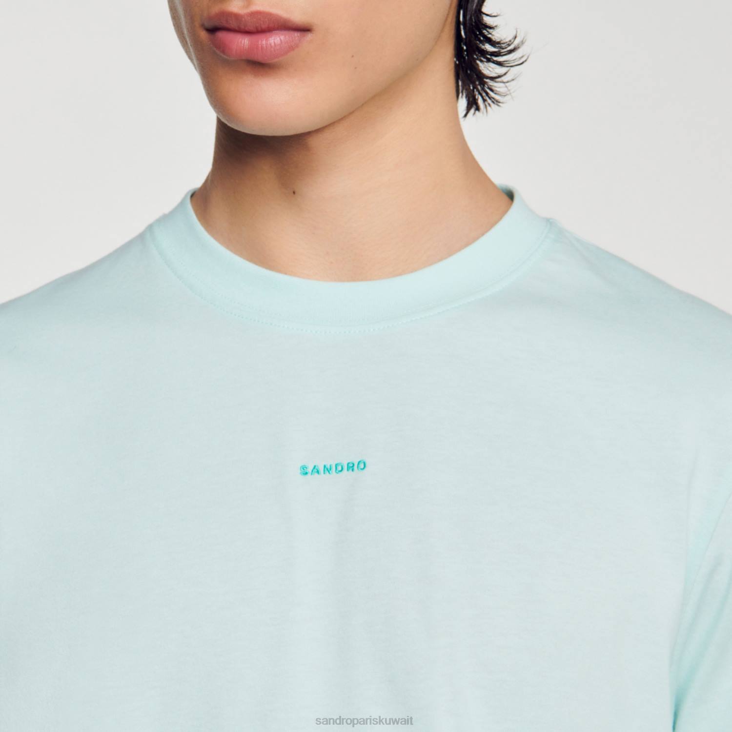 ثياب Sandro Paris تي شيرت مطرز النعناع الأزرق رجال ZJ00713