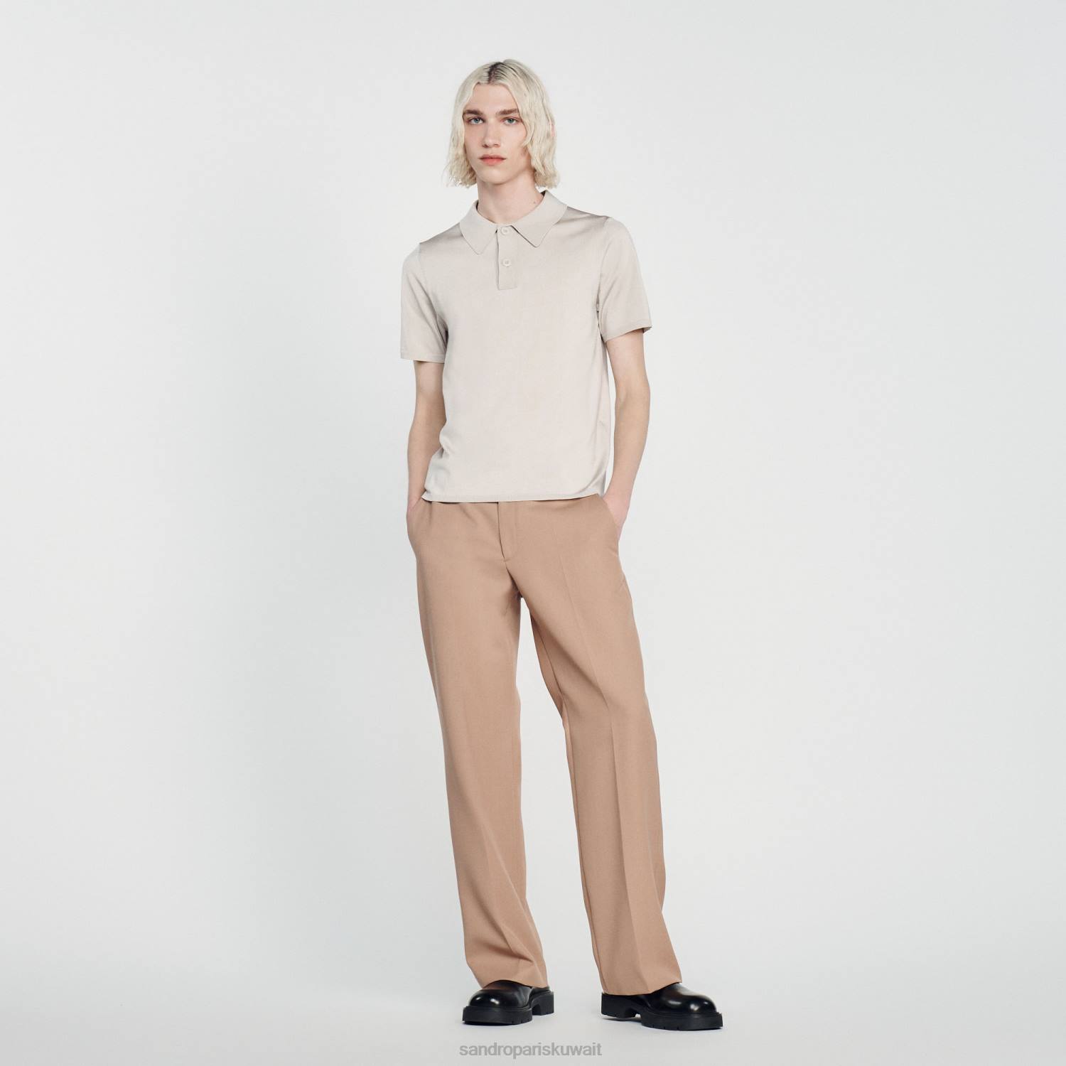 ثياب Sandro Paris قميص بولو محبوك بأكمام قصيرة لون واحد رجال ZJ00716
