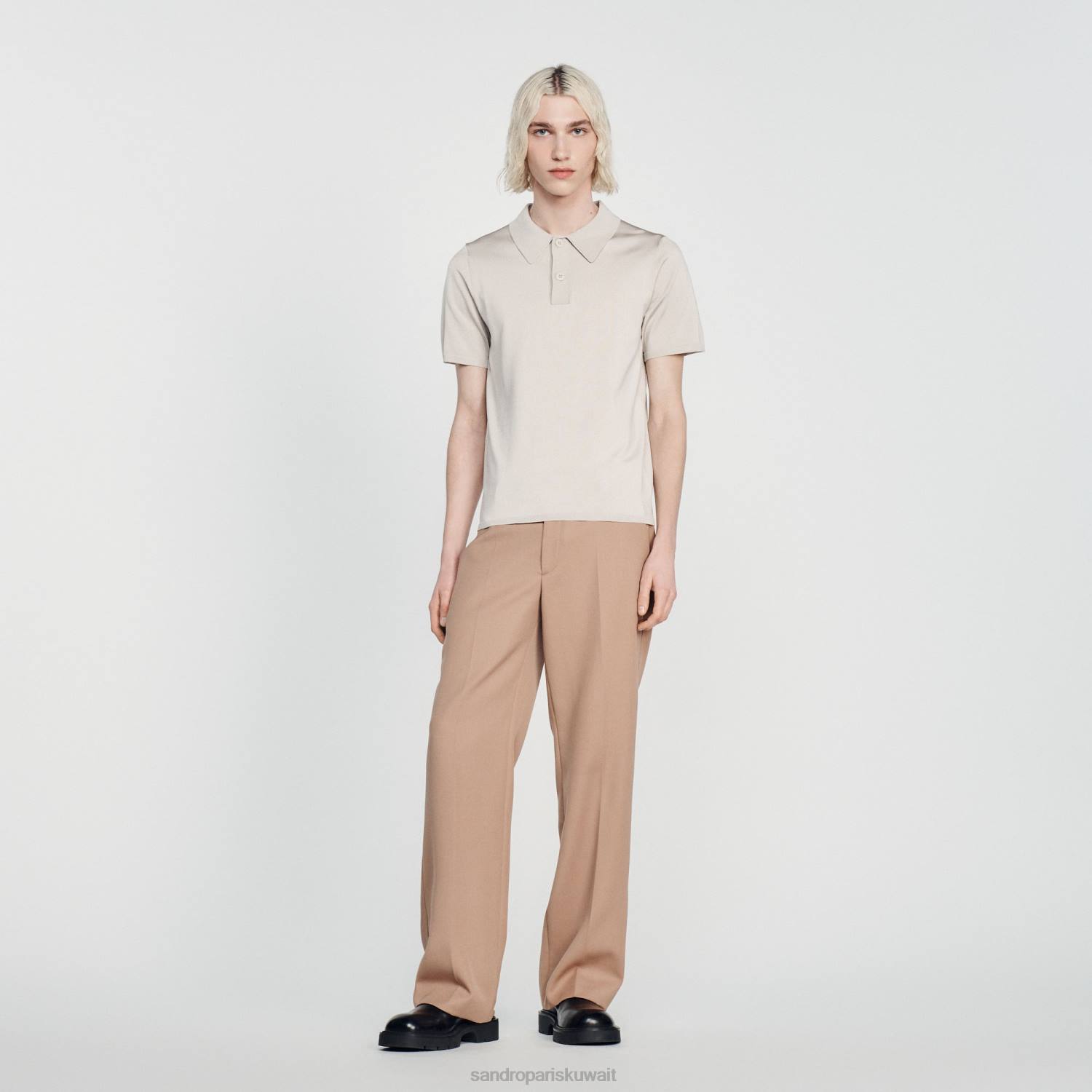 ثياب Sandro Paris قميص بولو محبوك بأكمام قصيرة لون واحد رجال ZJ00716
