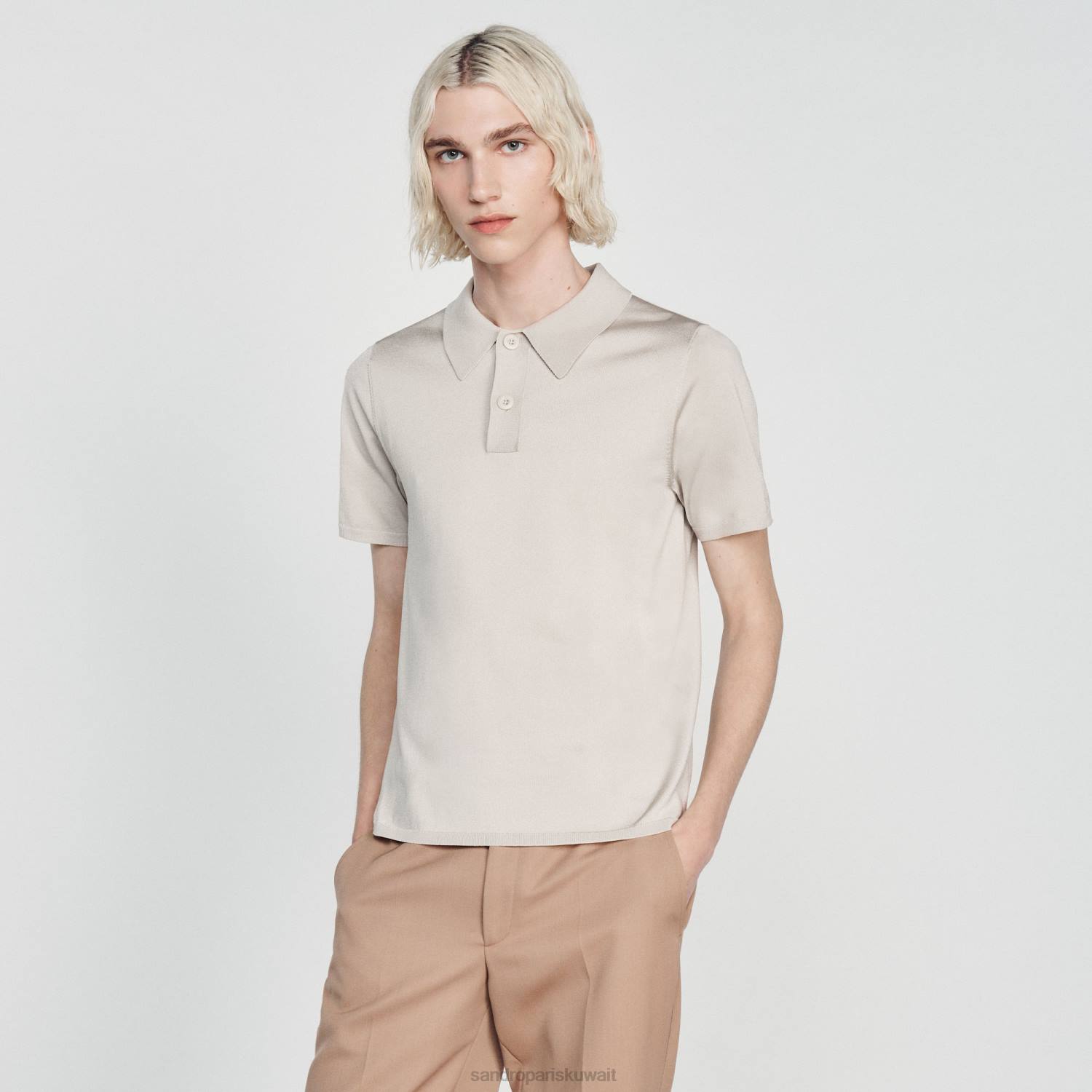ثياب Sandro Paris قميص بولو محبوك بأكمام قصيرة لون واحد رجال ZJ00716