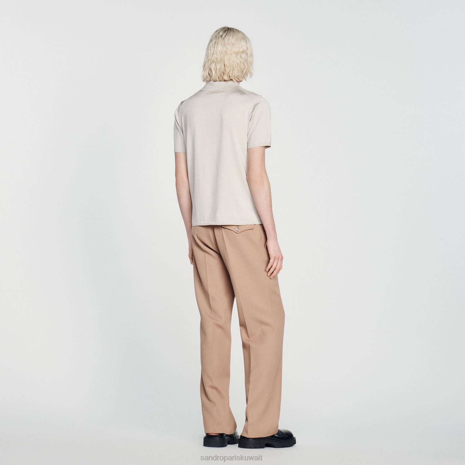 ثياب Sandro Paris قميص بولو محبوك بأكمام قصيرة لون واحد رجال ZJ00716