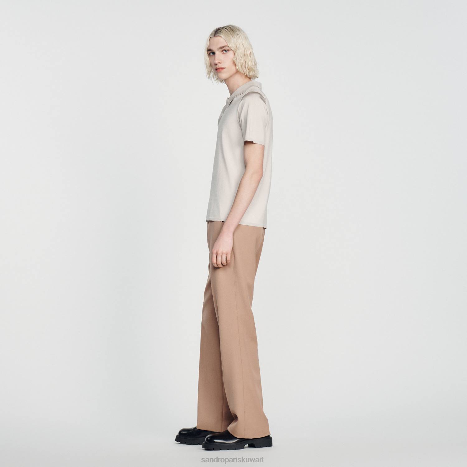 ثياب Sandro Paris قميص بولو محبوك بأكمام قصيرة لون واحد رجال ZJ00716