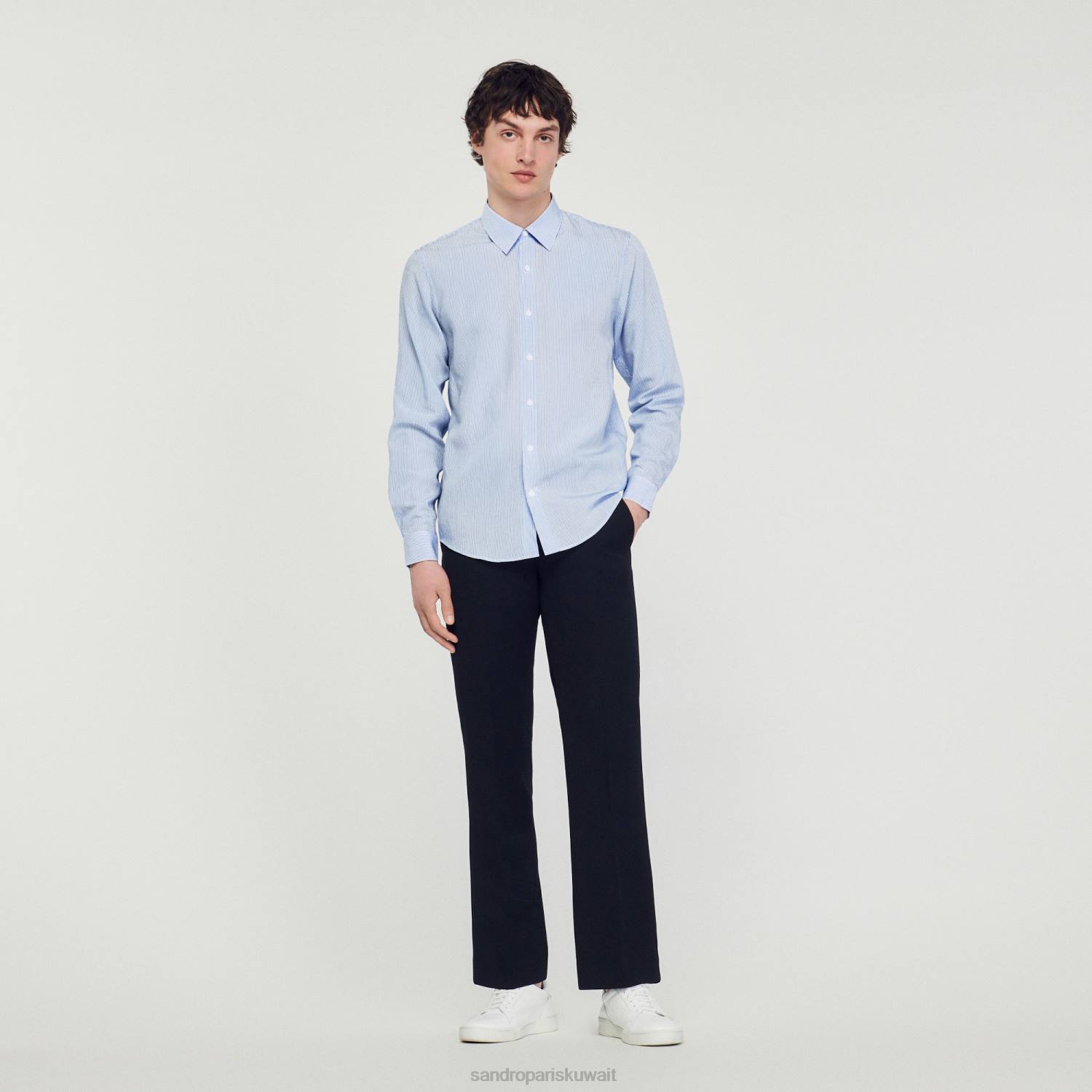 ثياب Sandro Paris قميص مخطط أزرق فاتح رجال ZJ00717