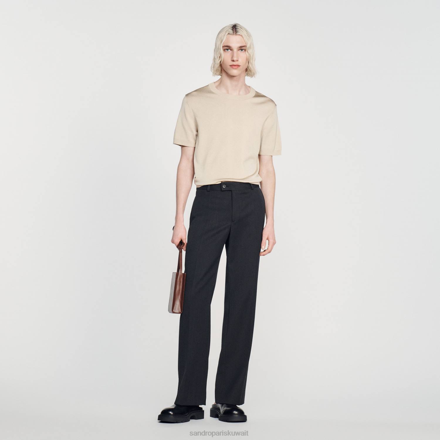 ثياب Sandro Paris تي شيرت محبوك اللون البيج رجال ZJ00718