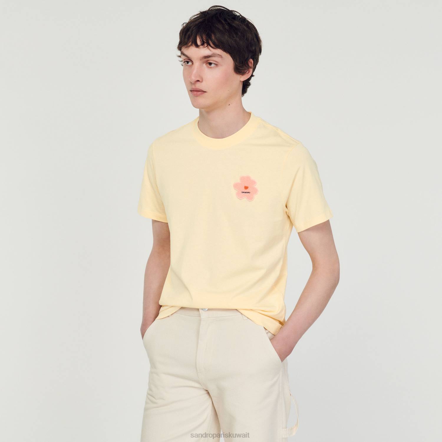 ثياب Sandro Paris تيشيرت برقعة زهور كريم رجال ZJ00720