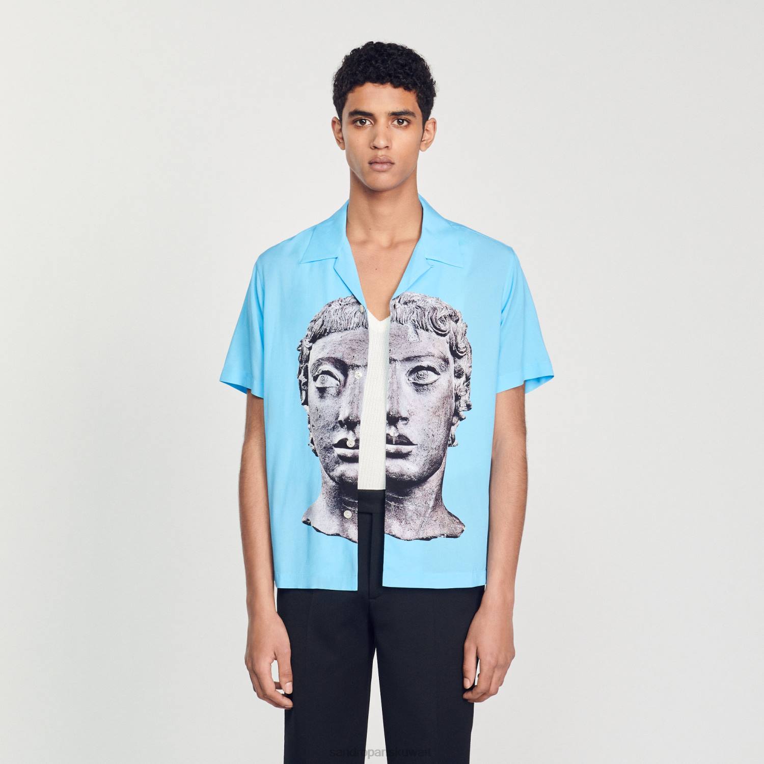 ثياب Sandro Paris قميص التمثال السماء الزرقاء رجال ZJ00722
