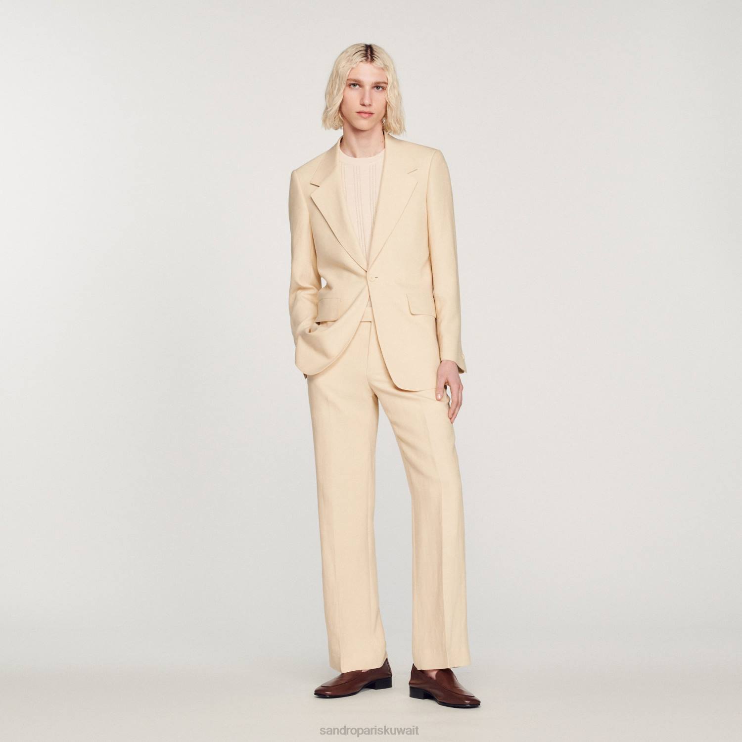 ثياب Sandro Paris سترة بدلة من الكتان بيج فاتح رجال ZJ00723