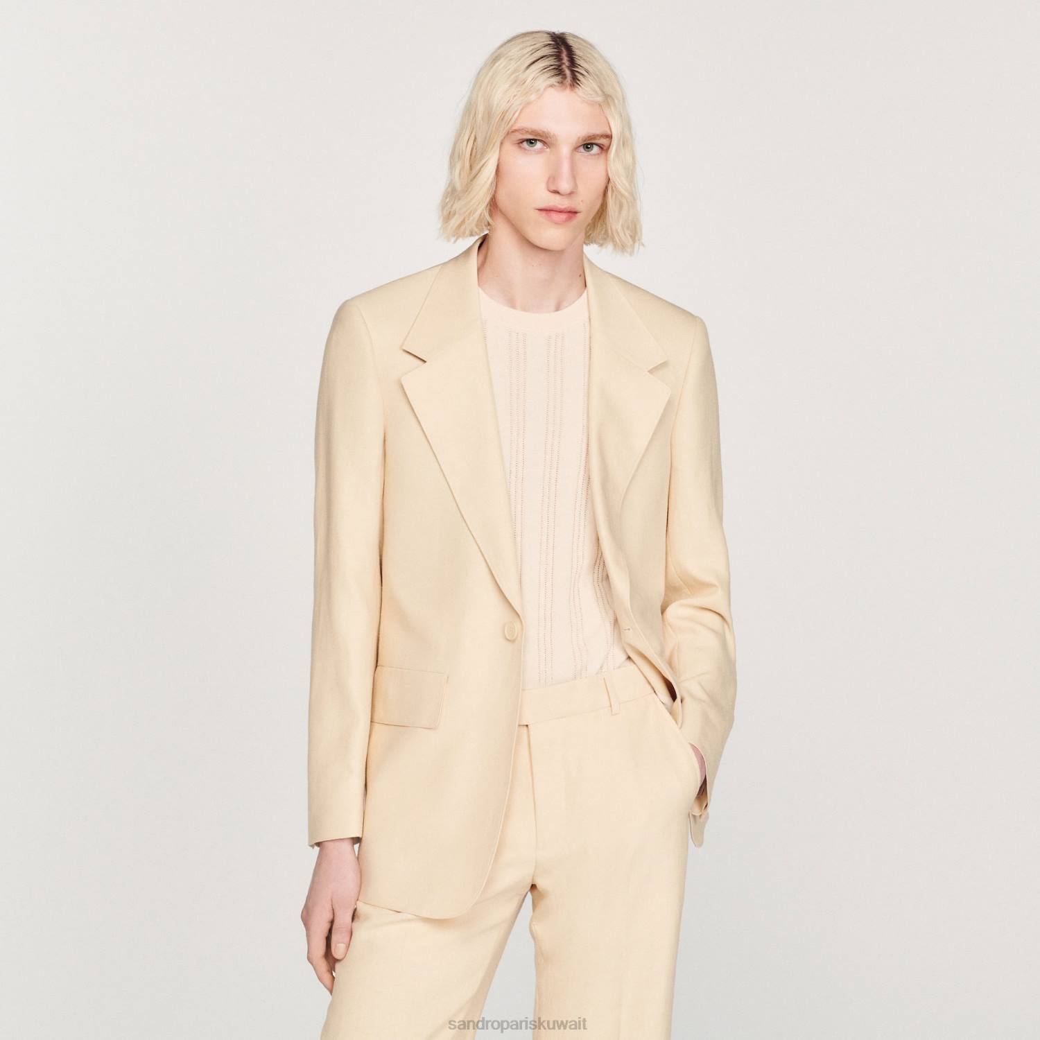 ثياب Sandro Paris سترة بدلة من الكتان بيج فاتح رجال ZJ00723