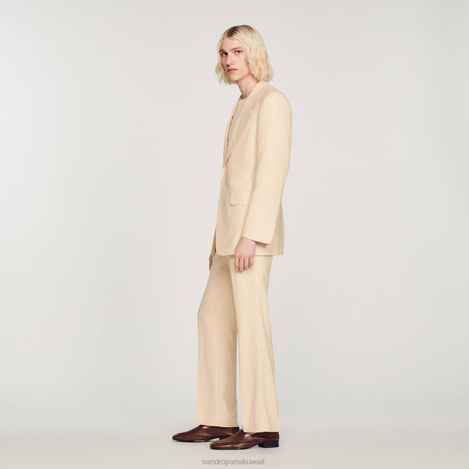 ثياب Sandro Paris سترة بدلة من الكتان بيج فاتح رجال ZJ00723