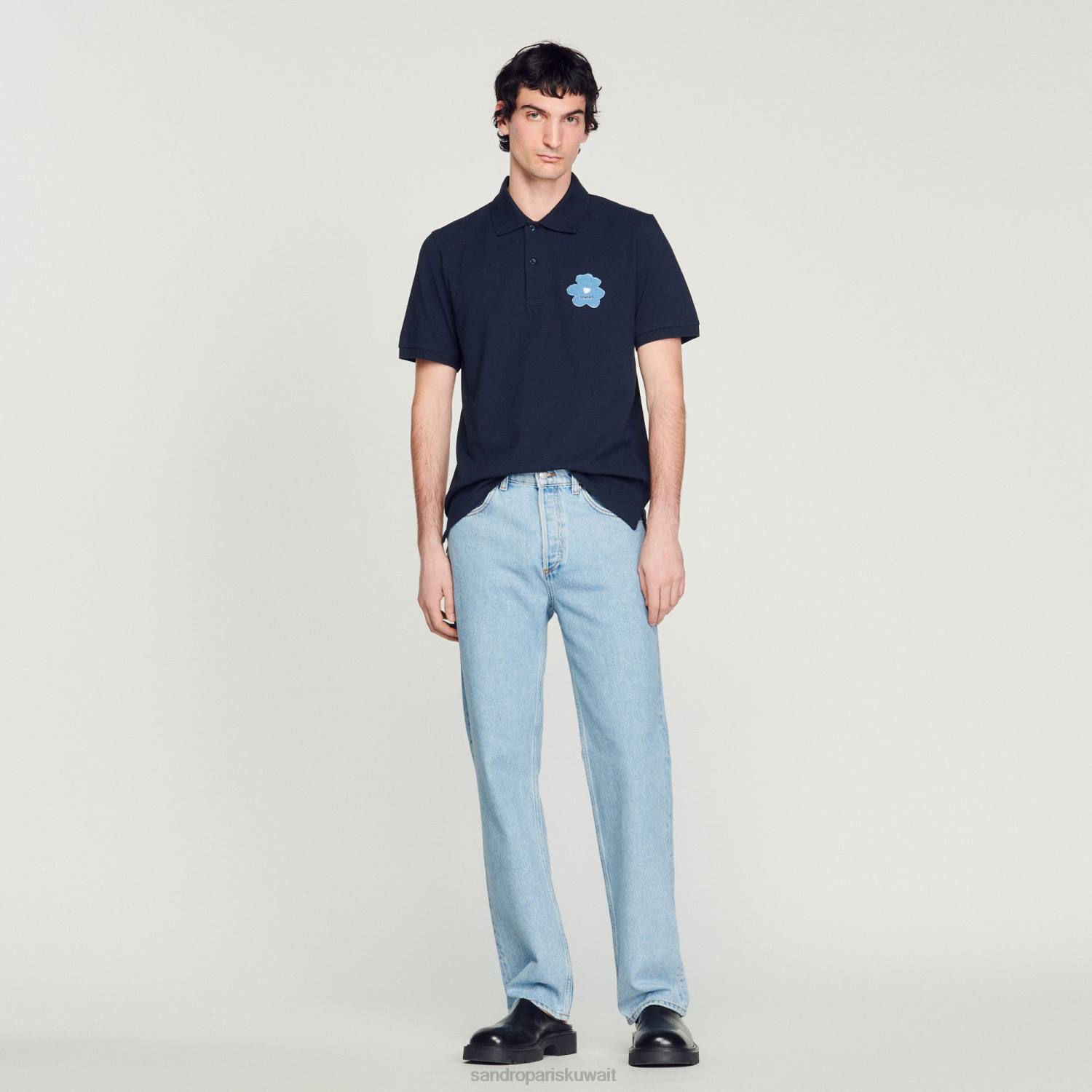 ثياب Sandro Paris قميص بولو التطريز زهرة الأزرق الداكن رجال ZJ00726