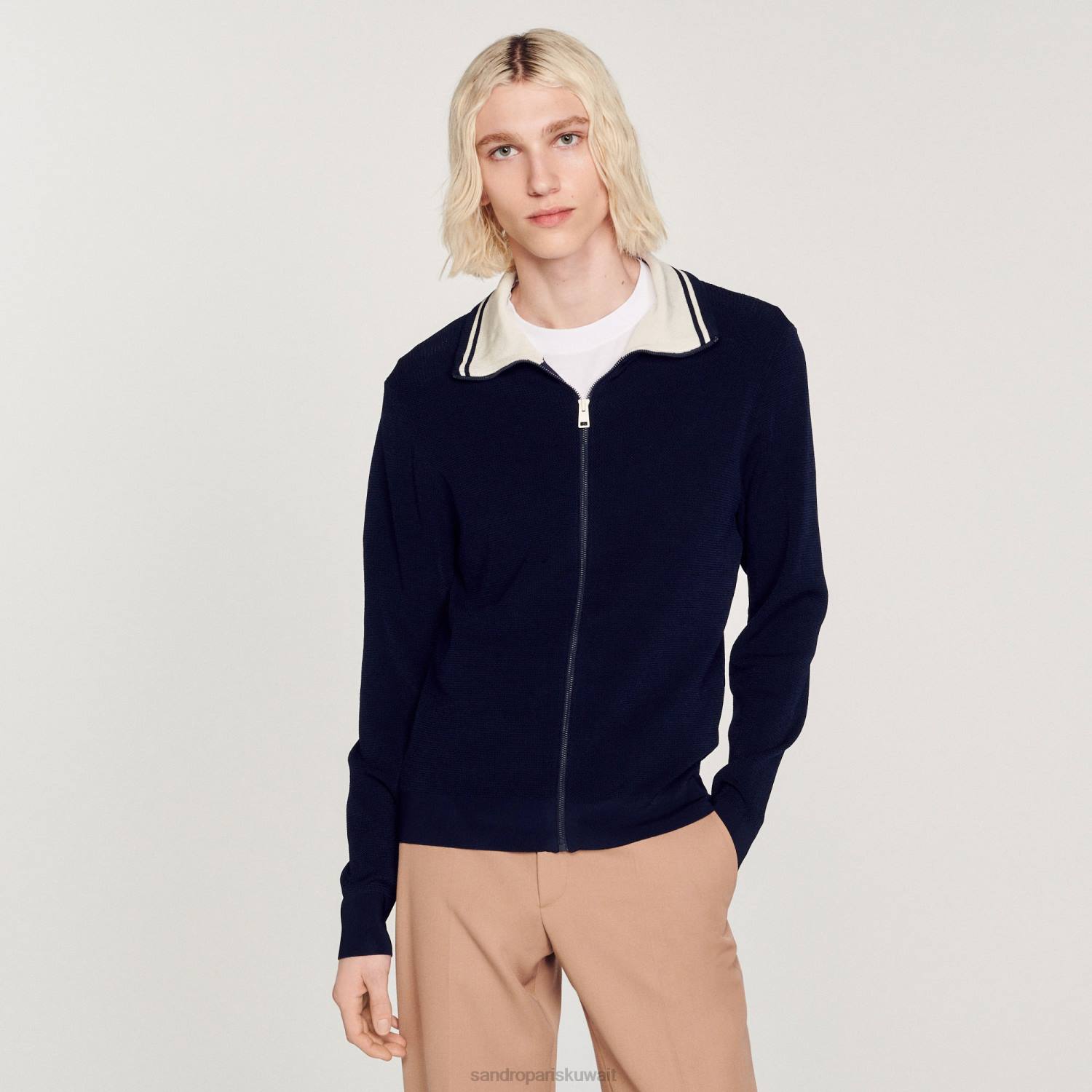 ثياب Sandro Paris سترة سستة الأزرق الداكن رجال ZJ00727