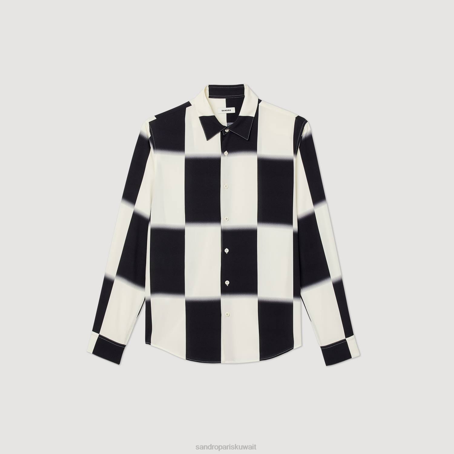 ثياب Sandro Paris قميص متدفق بطبعة كاروهات بيج فاتح/أسود رجال ZJ00728