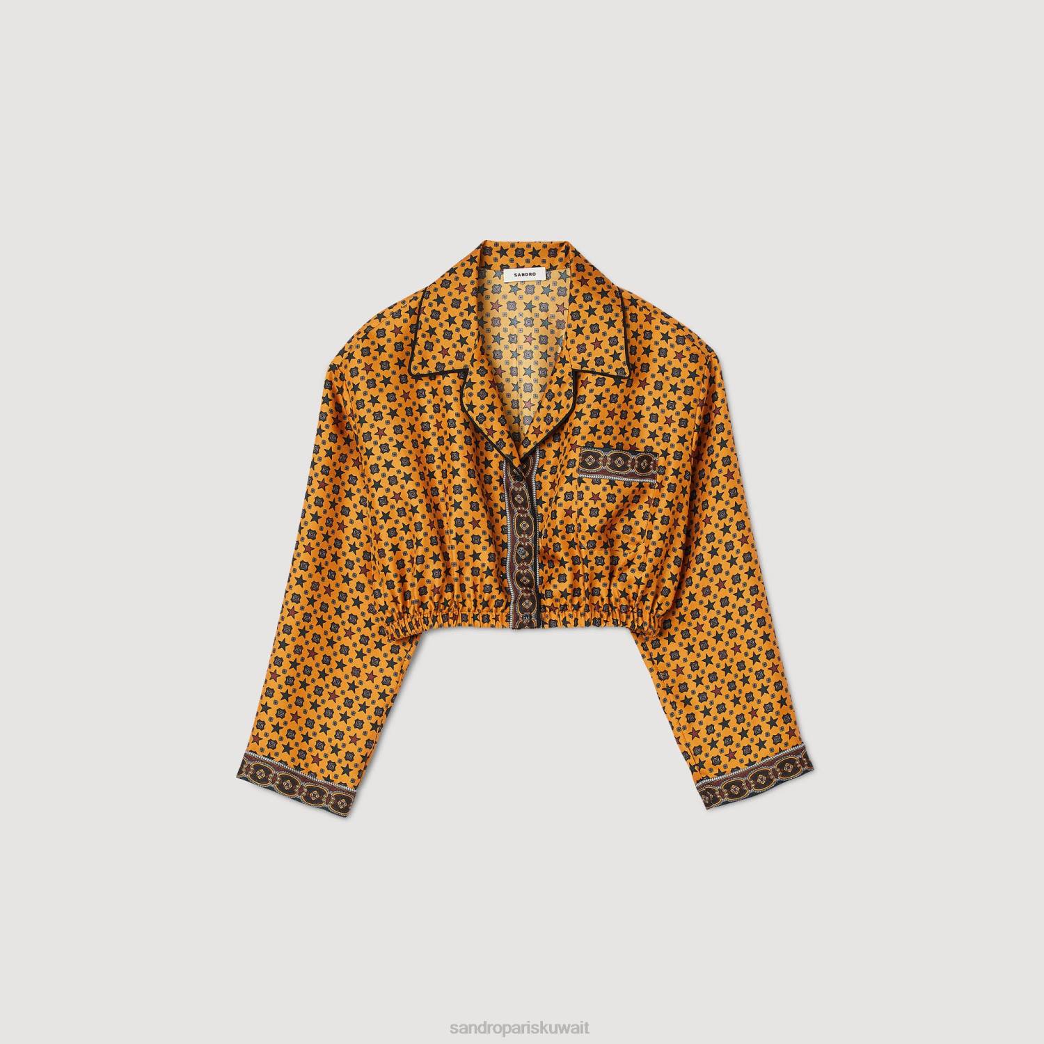 ثياب Sandro Paris قميص قصير مطبوع النحاس / الأسود نحيف ZJ0072