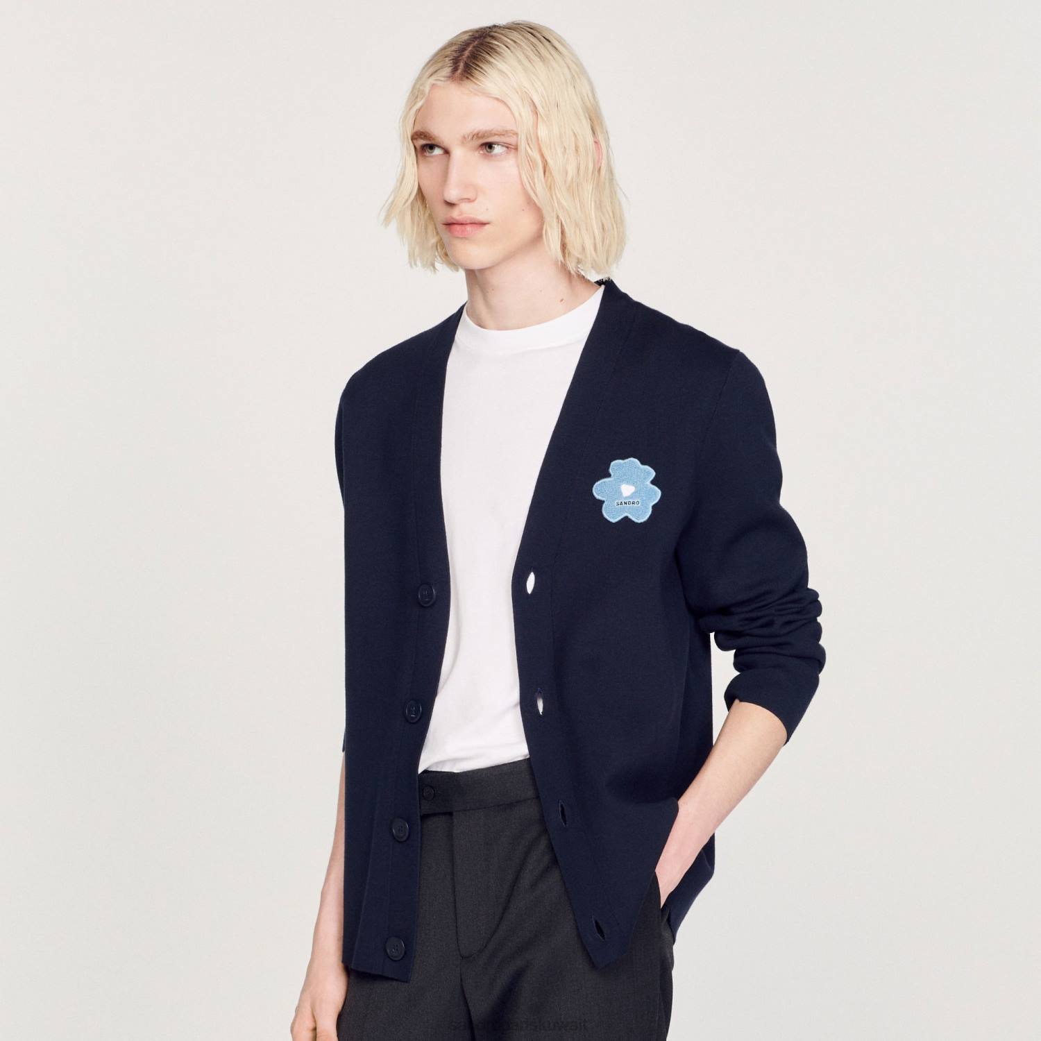 ثياب Sandro Paris سترة رقعة الزهرة الأزرق الداكن رجال ZJ00732