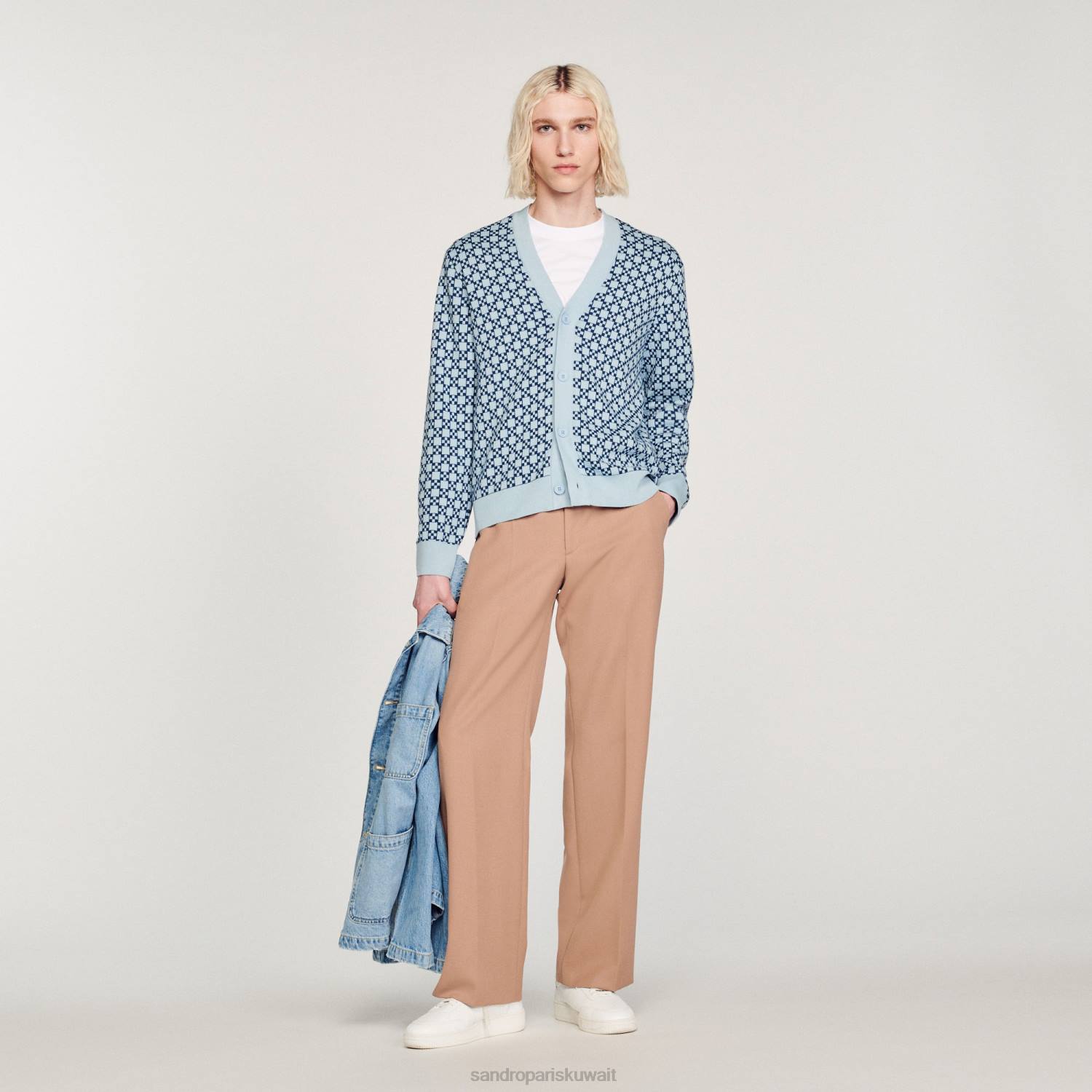 ثياب Sandro Paris سترة جاكار مربعة متقاطعة أزرق رجال ZJ00735