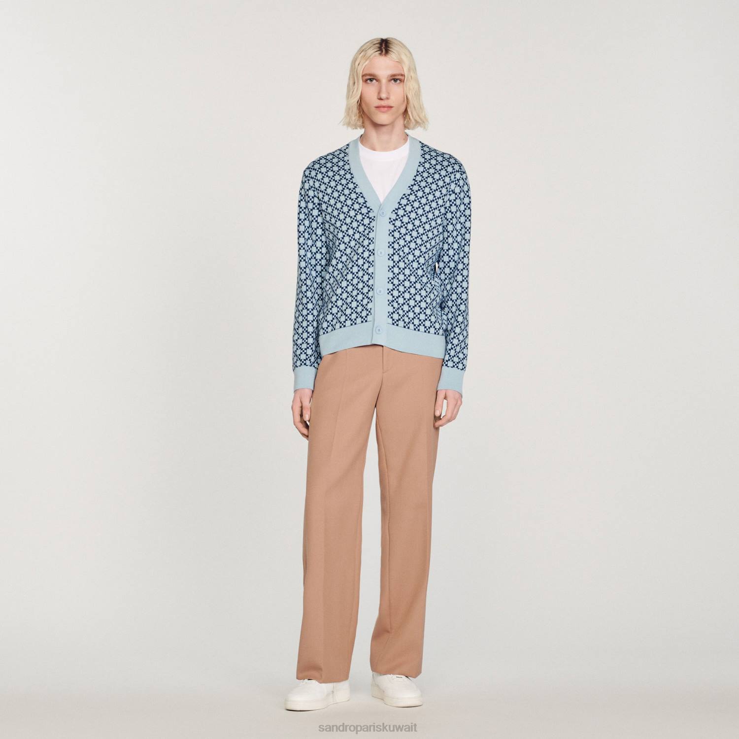 ثياب Sandro Paris سترة جاكار مربعة متقاطعة أزرق رجال ZJ00735