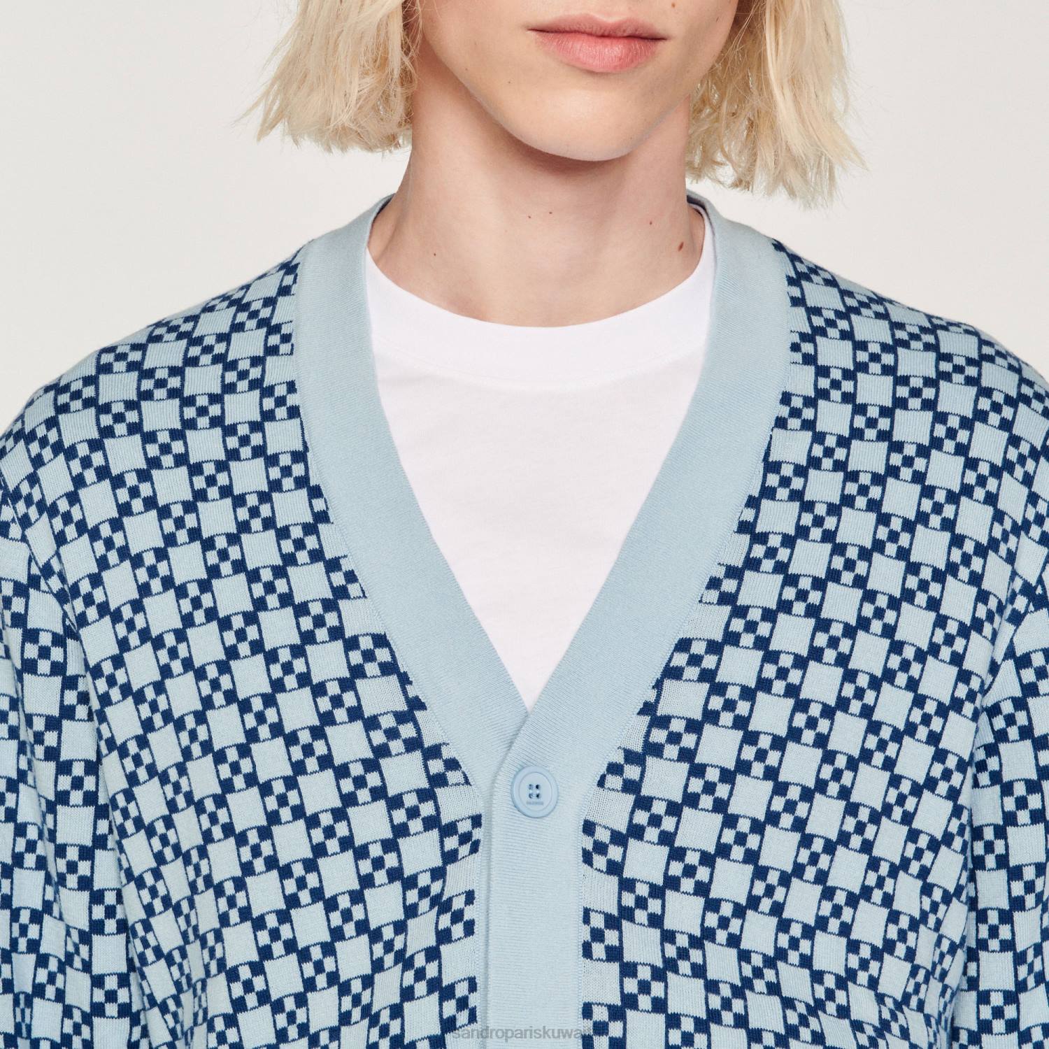 ثياب Sandro Paris سترة جاكار مربعة متقاطعة أزرق رجال ZJ00735