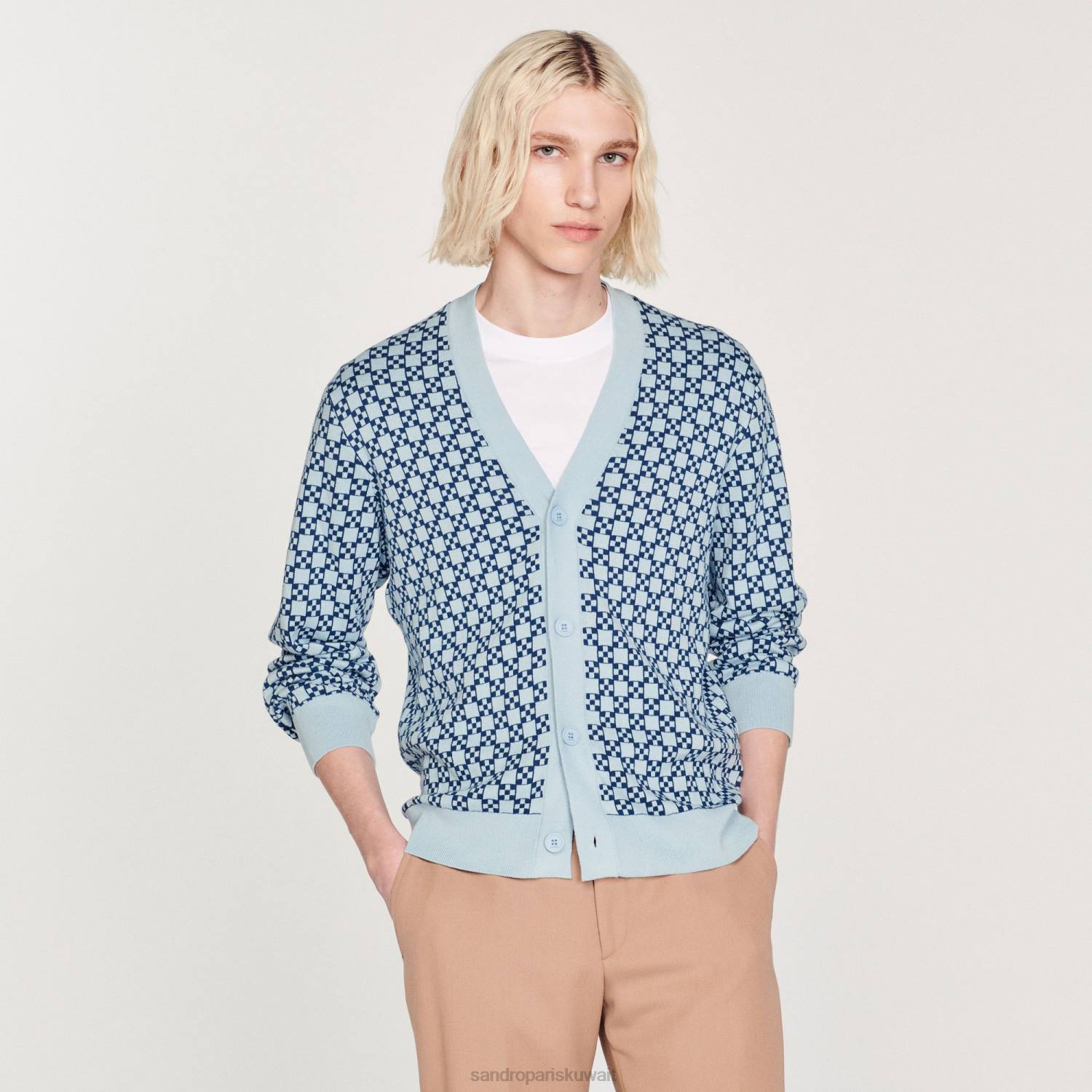 ثياب Sandro Paris سترة جاكار مربعة متقاطعة أزرق رجال ZJ00735