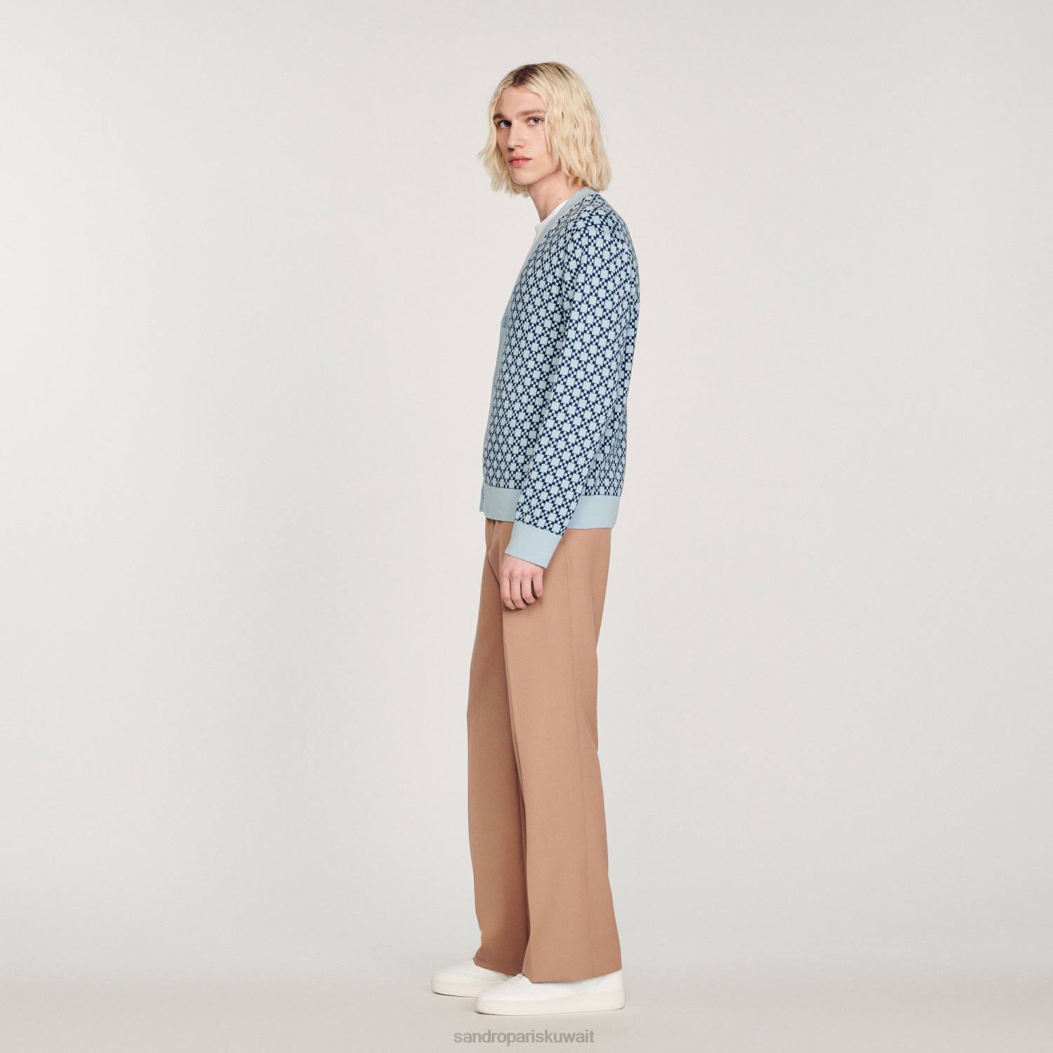 ثياب Sandro Paris سترة جاكار مربعة متقاطعة أزرق رجال ZJ00735