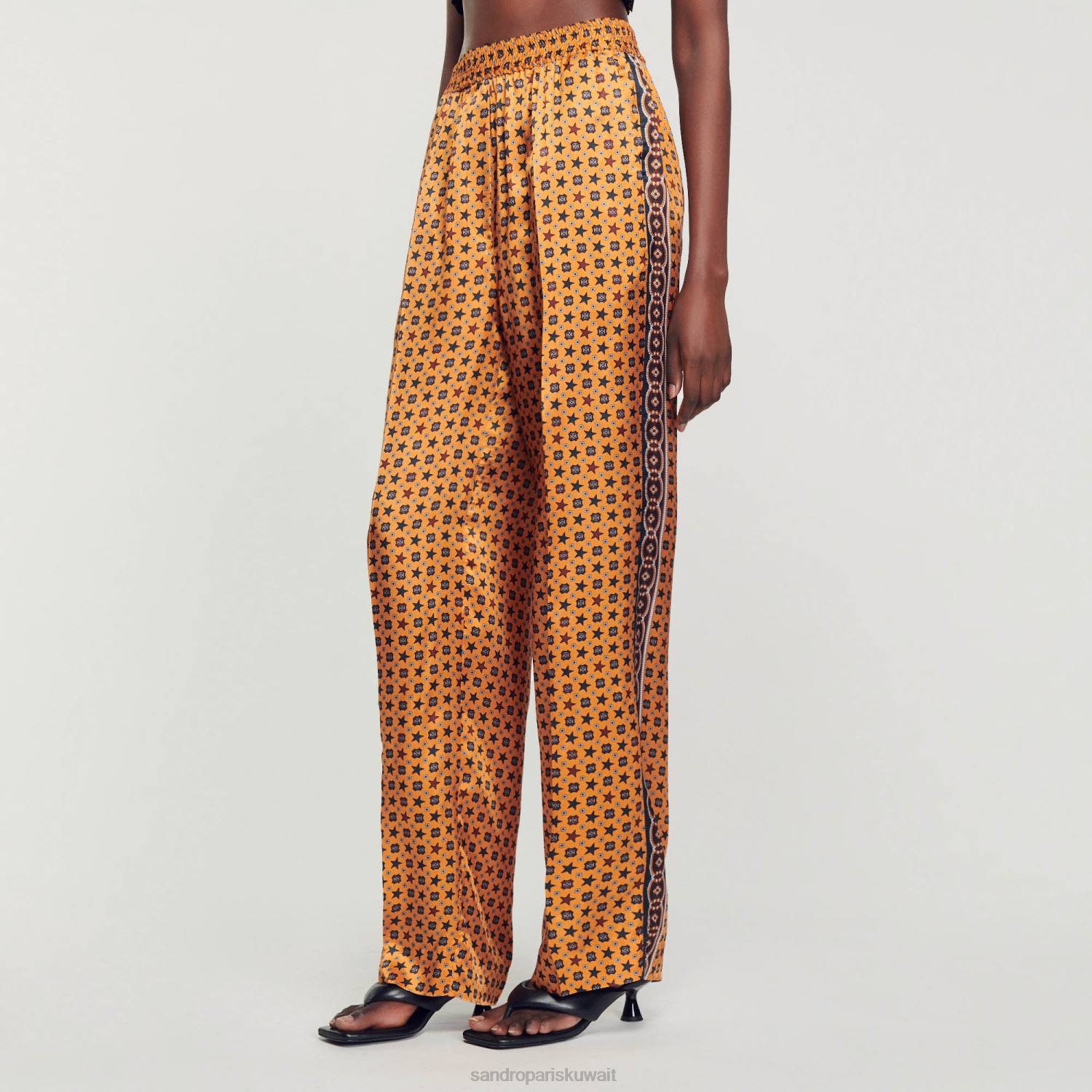 ثياب Sandro Paris السراويل الساتان المطبوعة النحاس / الأسود نحيف ZJ0073