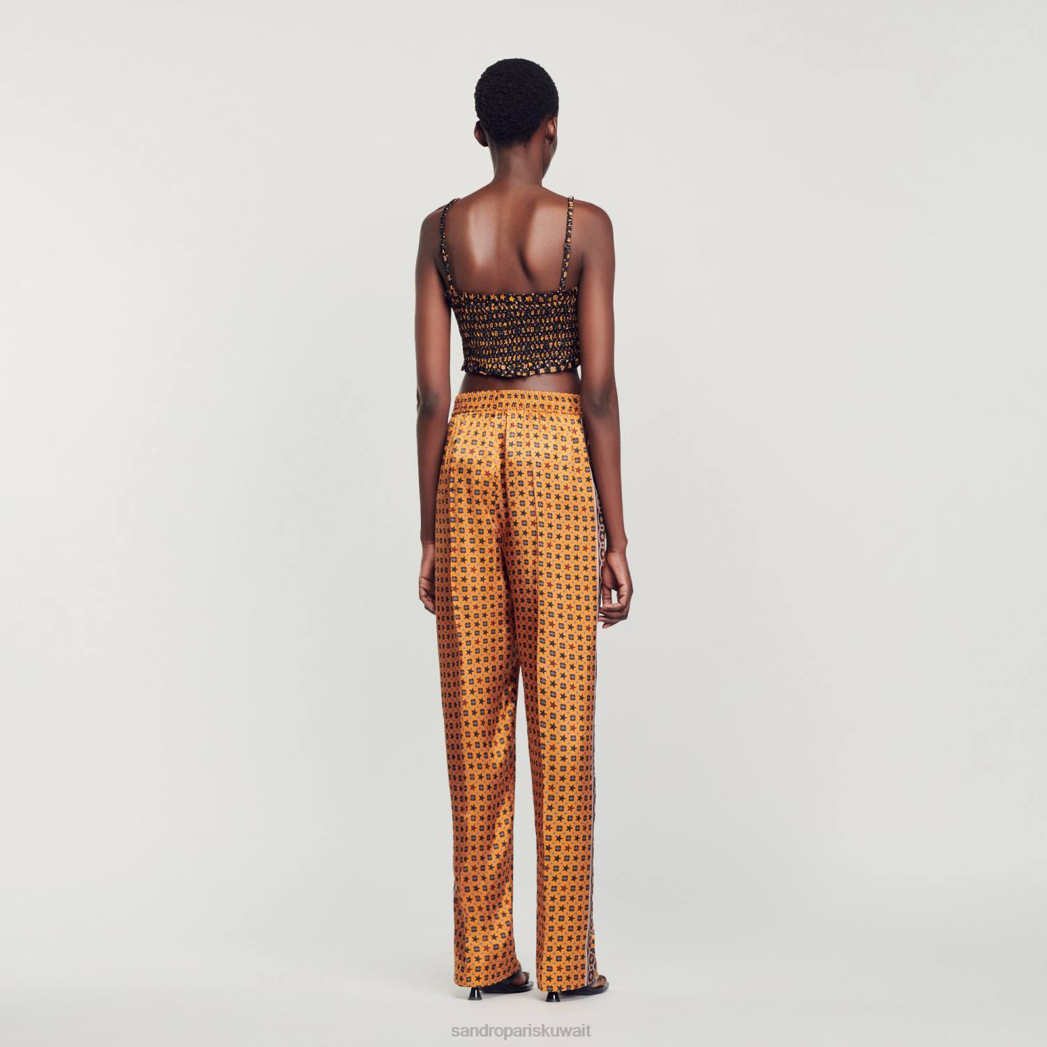 ثياب Sandro Paris السراويل الساتان المطبوعة النحاس / الأسود نحيف ZJ0073