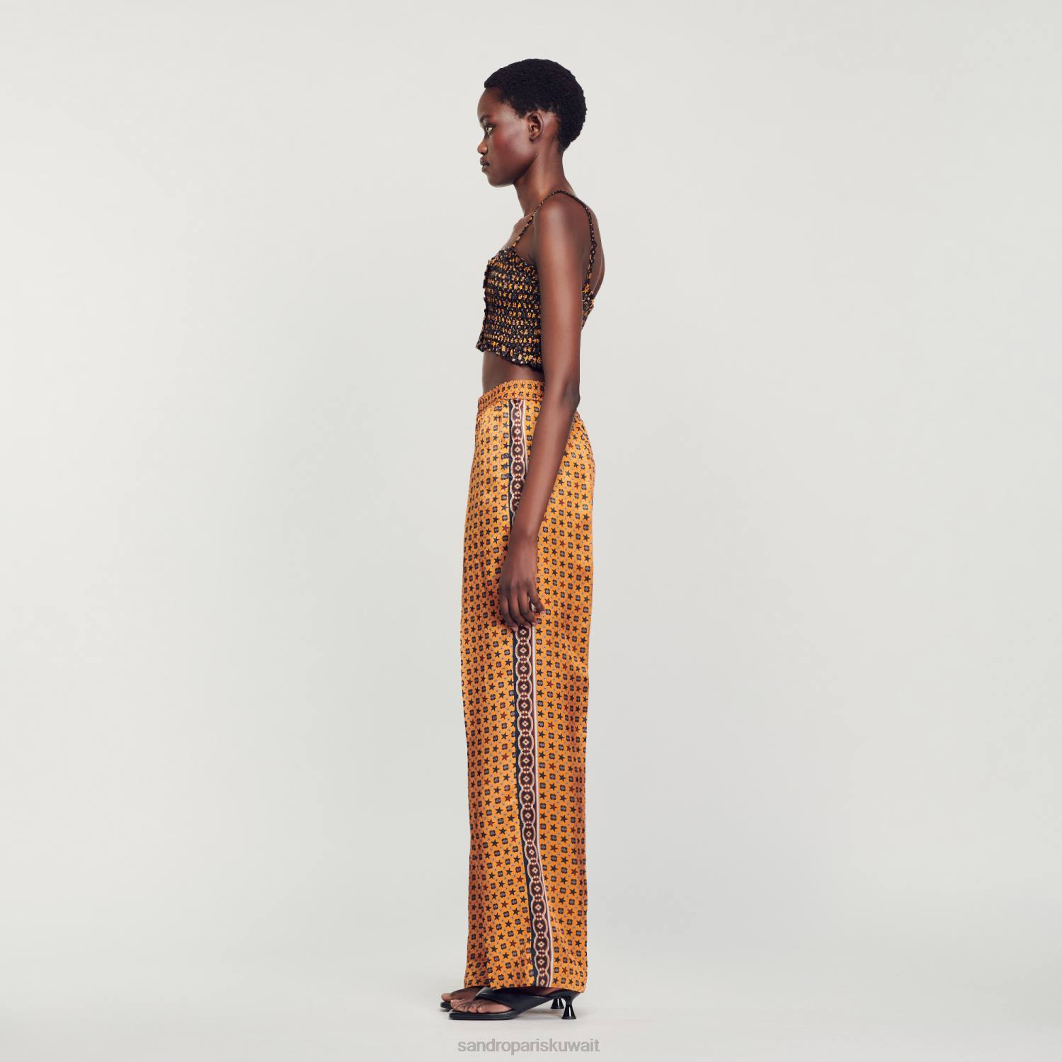 ثياب Sandro Paris السراويل الساتان المطبوعة النحاس / الأسود نحيف ZJ0073