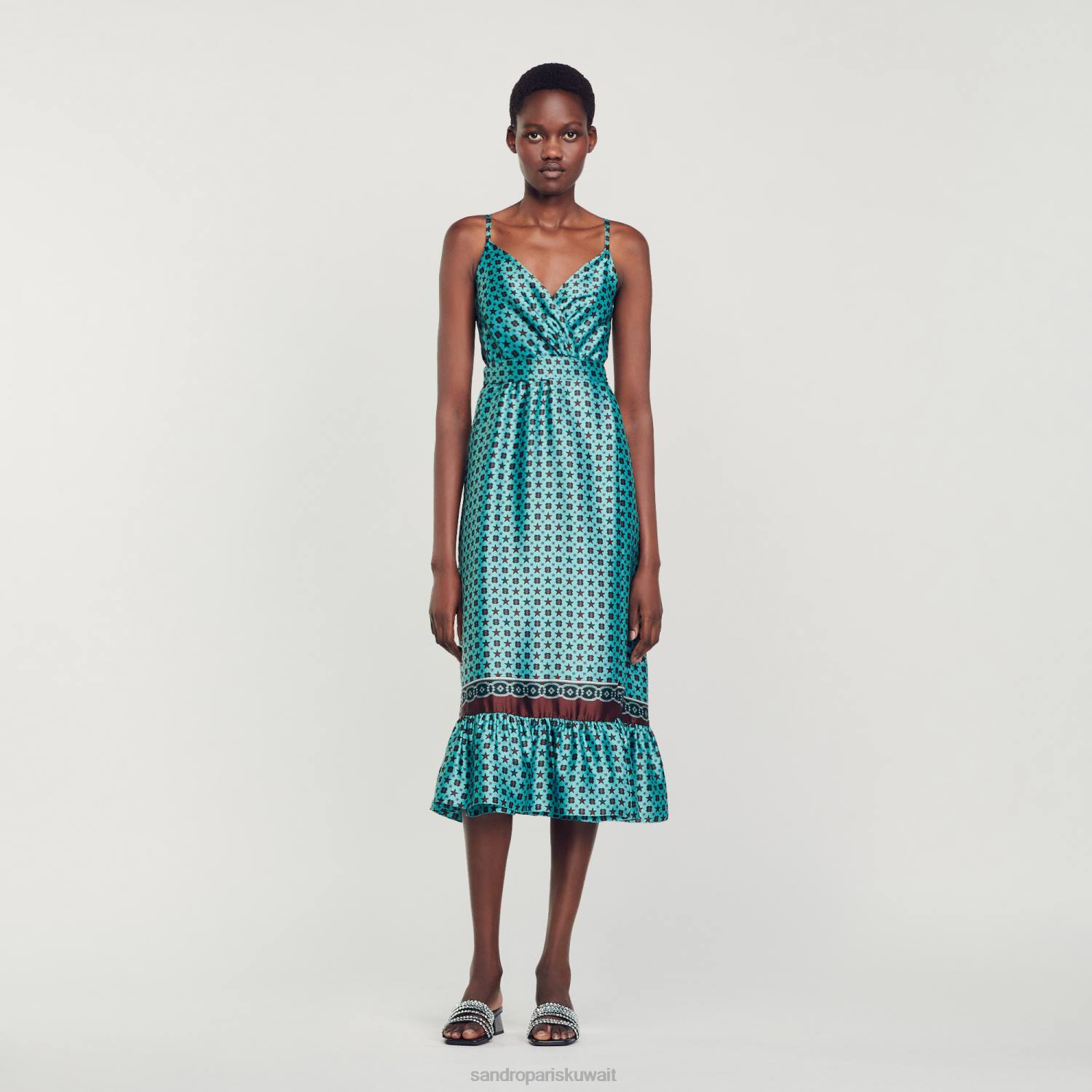 ثياب Sandro Paris فستان ميدي من الساتان المطبوع تركواز/بني نحيف ZJ0074