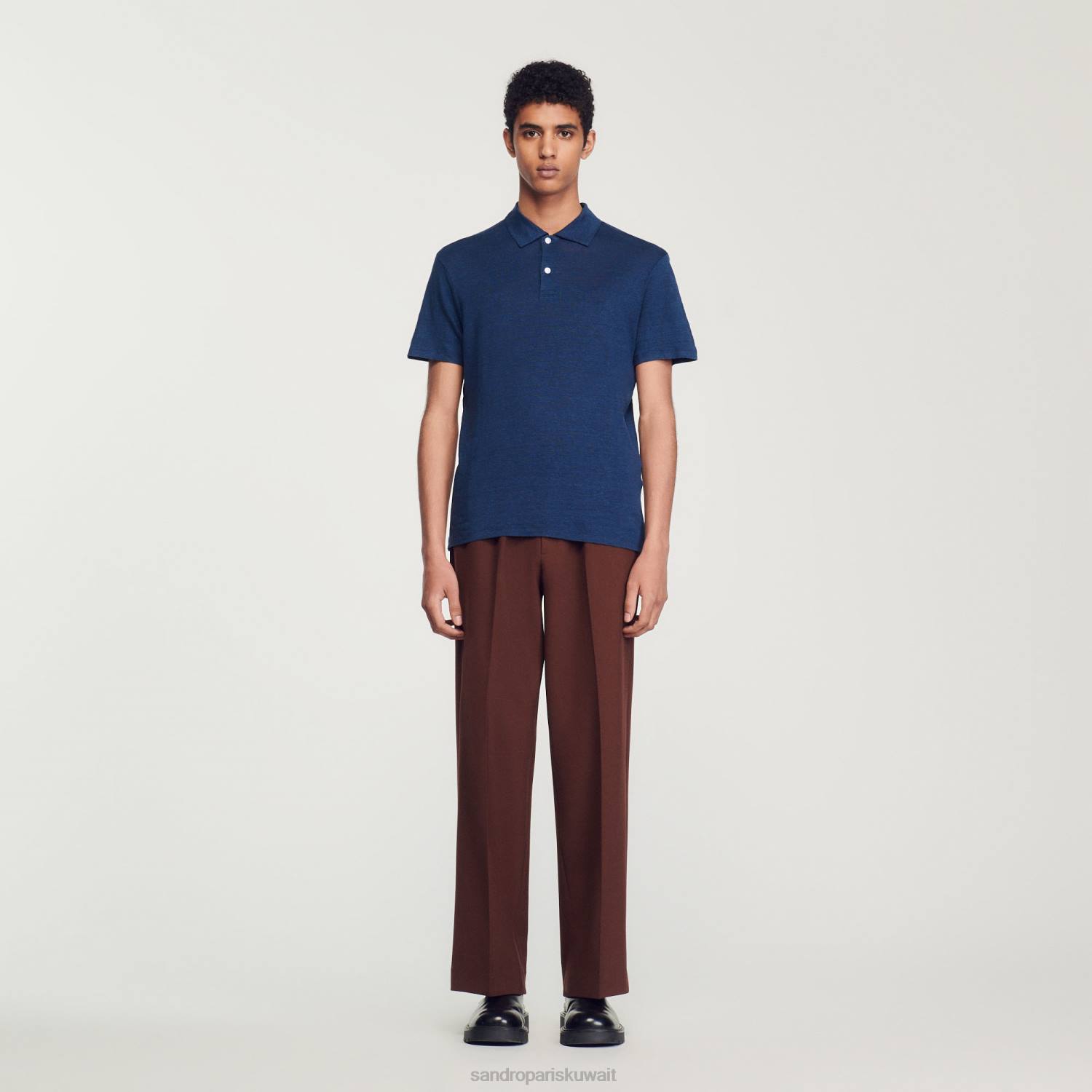 ثياب Sandro Paris قميص بولو الكتان البحرية المظلمة رجال ZJ00745