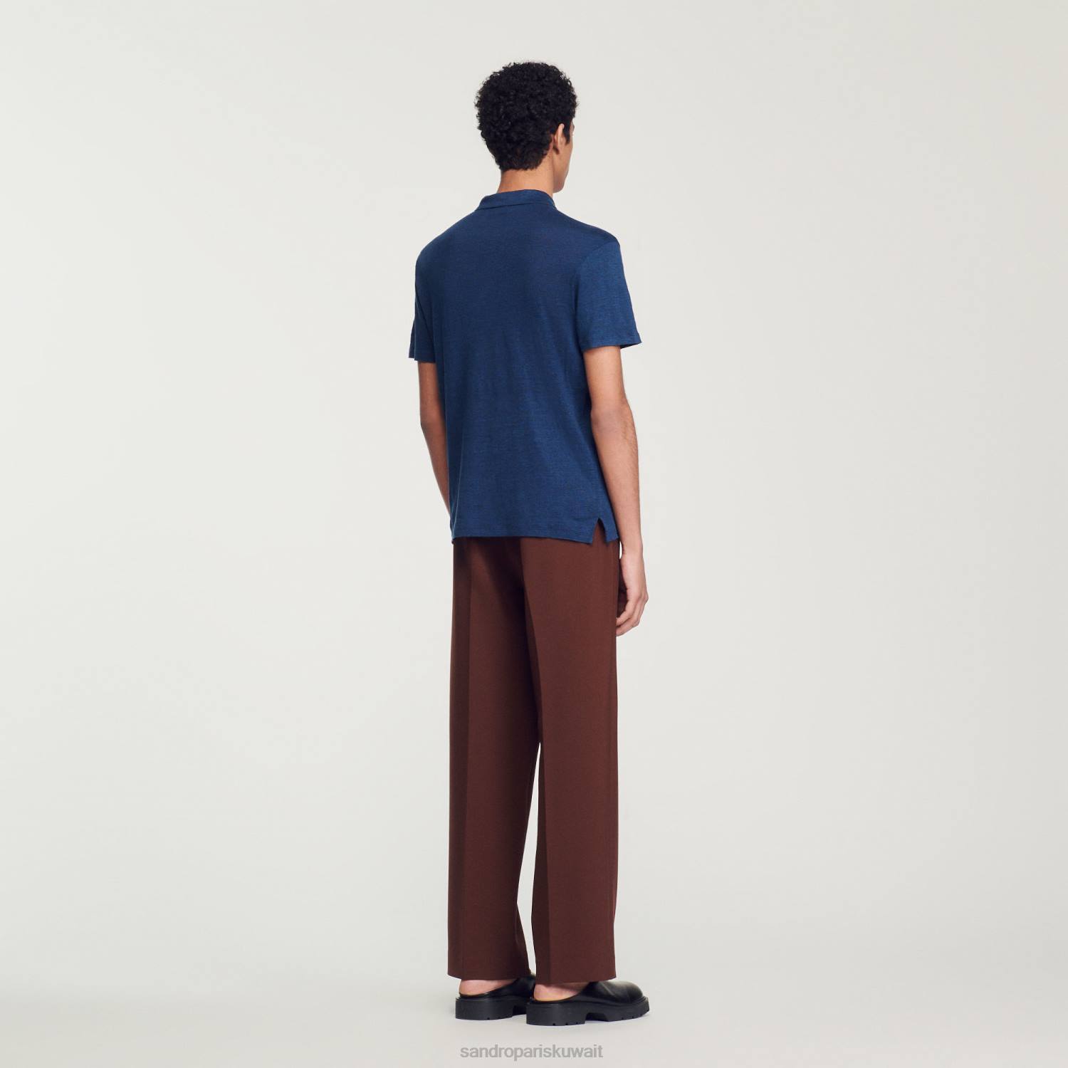 ثياب Sandro Paris قميص بولو الكتان البحرية المظلمة رجال ZJ00745