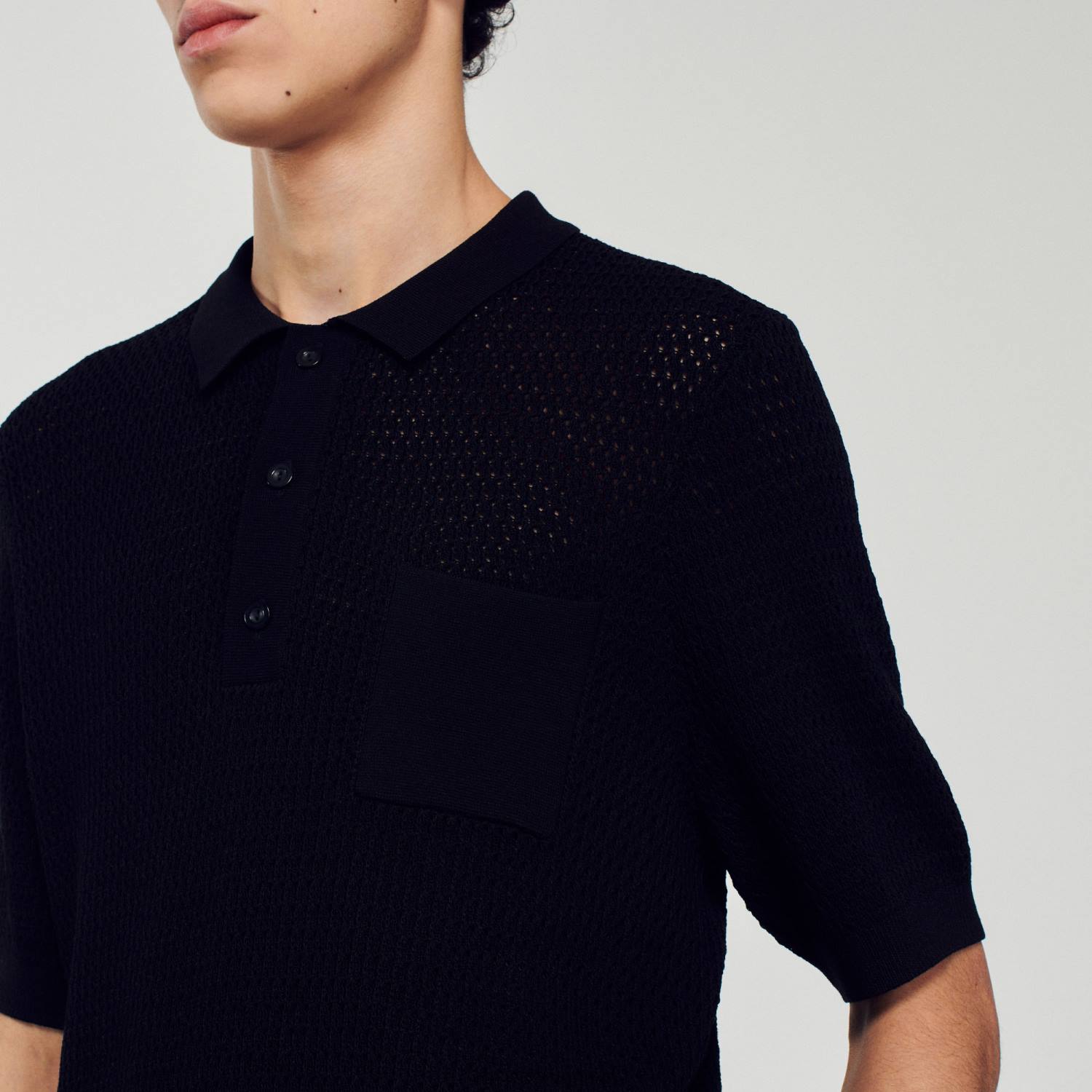 ثياب Sandro Paris سترة بولو بأكمام قصيرة أسود رجال ZJ00748