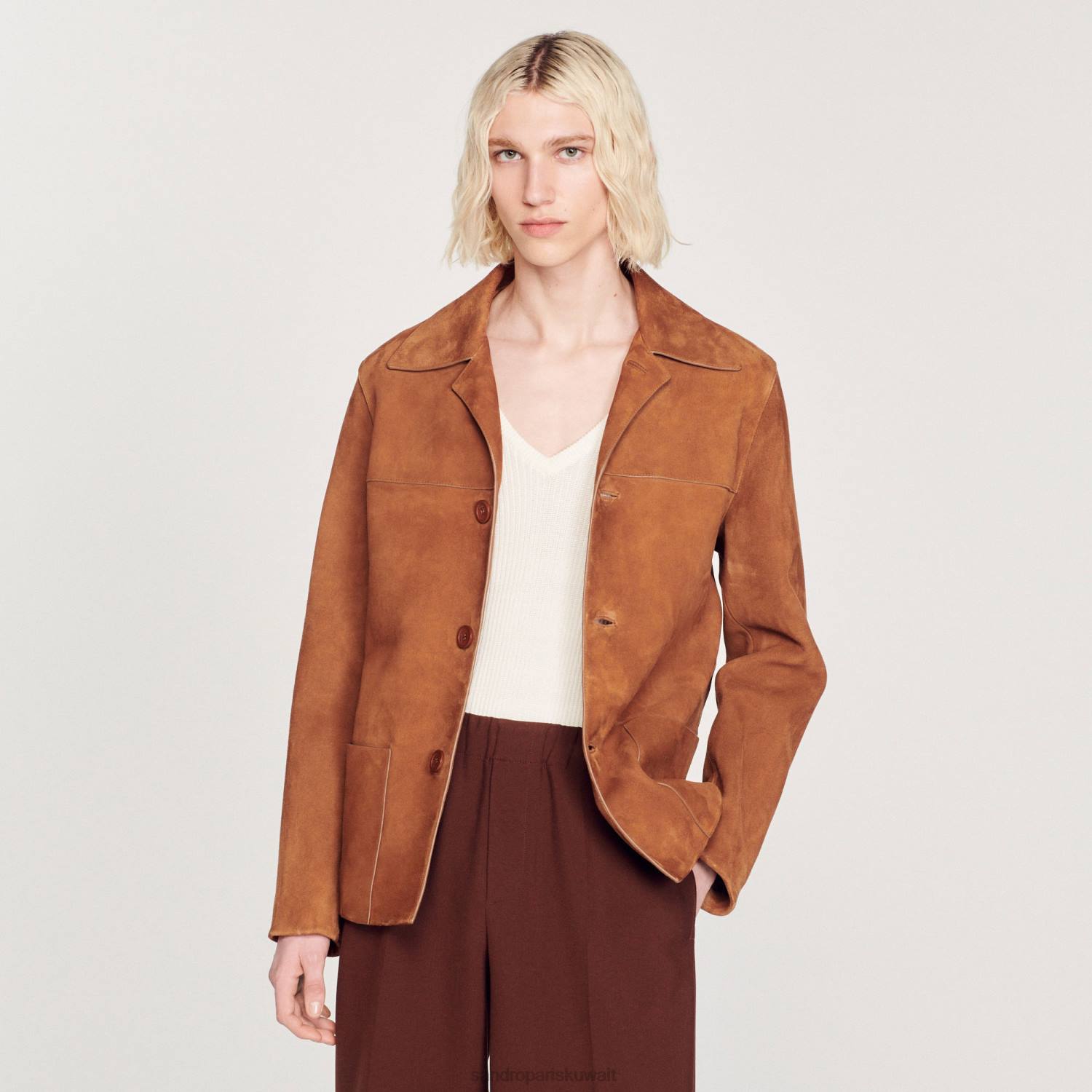 ثياب Sandro Paris سترة من جلد الغزال بني رجال ZJ00749