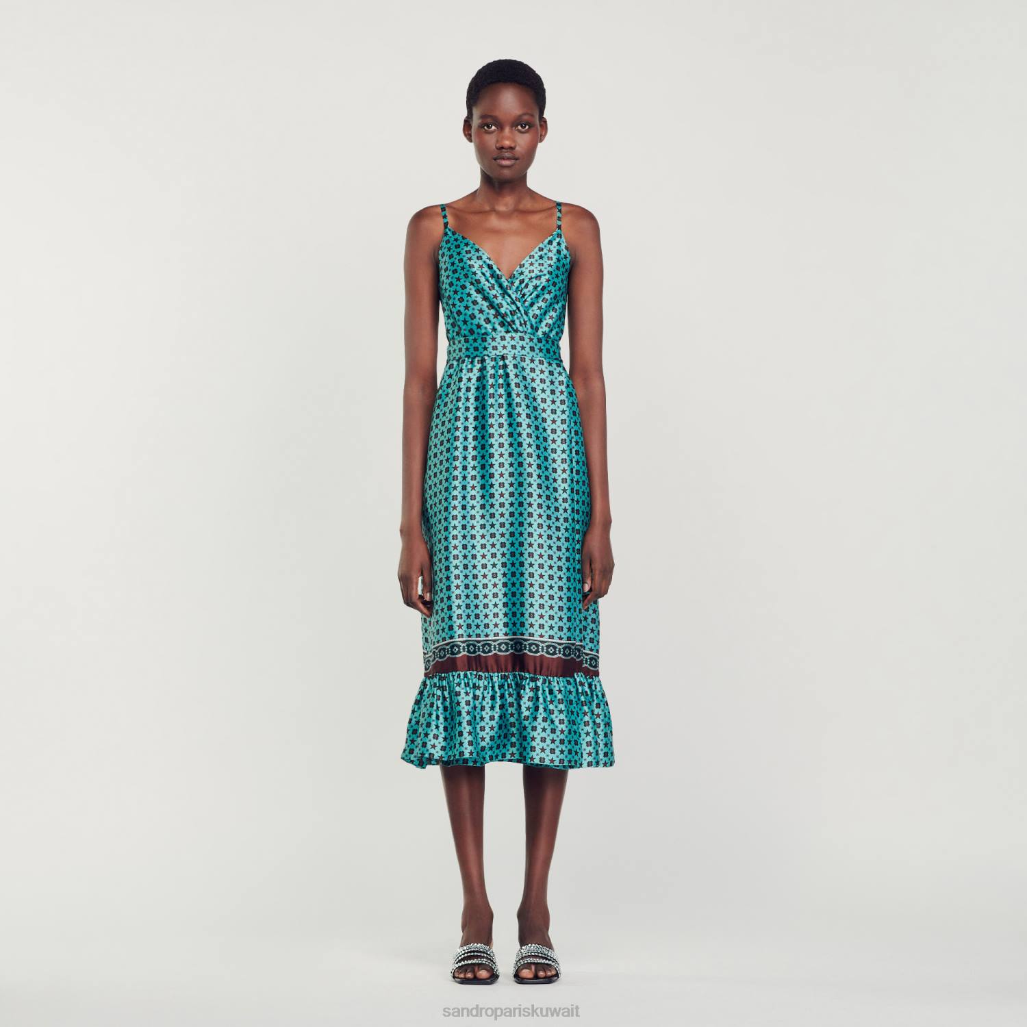 ثياب Sandro Paris فستان ميدي من الساتان المطبوع تركواز/بني نحيف ZJ0074