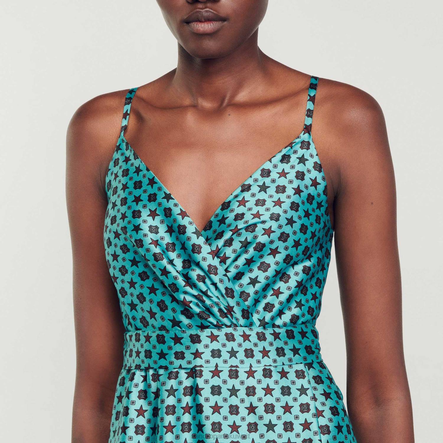 ثياب Sandro Paris فستان ميدي من الساتان المطبوع تركواز/بني نحيف ZJ0074