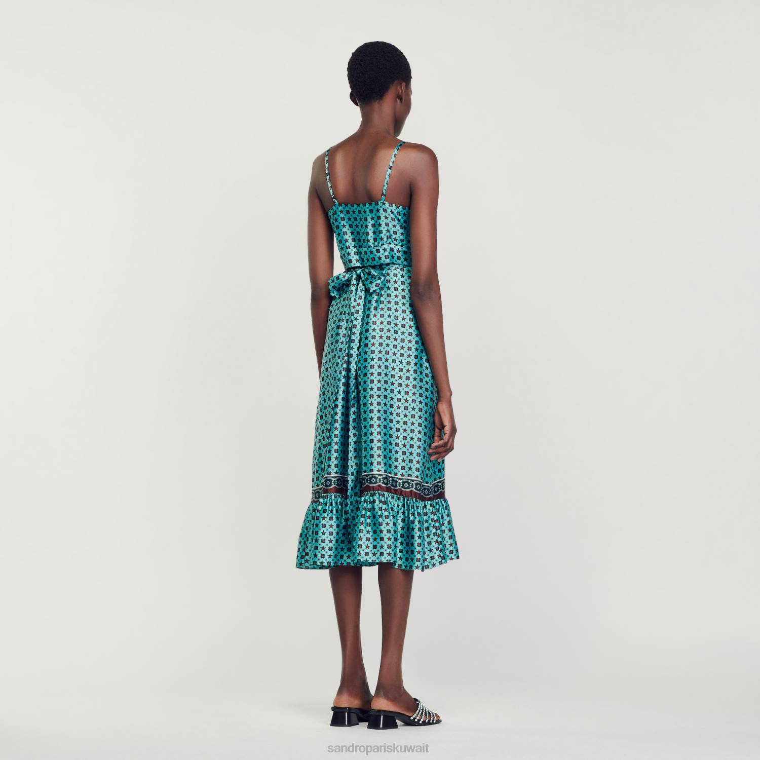 ثياب Sandro Paris فستان ميدي من الساتان المطبوع تركواز/بني نحيف ZJ0074