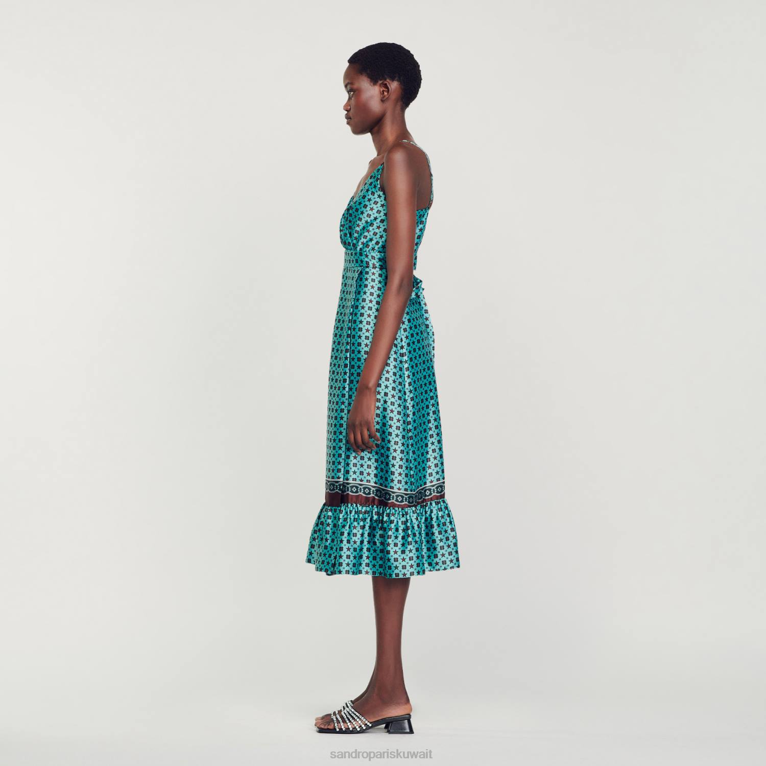 ثياب Sandro Paris فستان ميدي من الساتان المطبوع تركواز/بني نحيف ZJ0074